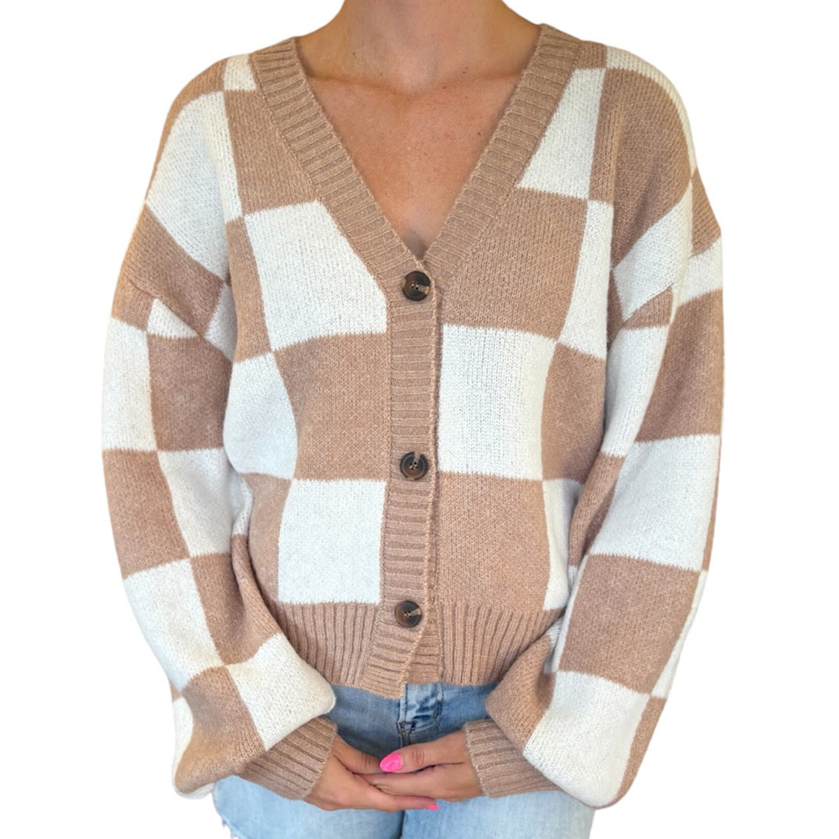 Dark Taupe/Cream Checkered Button Front Cardigan