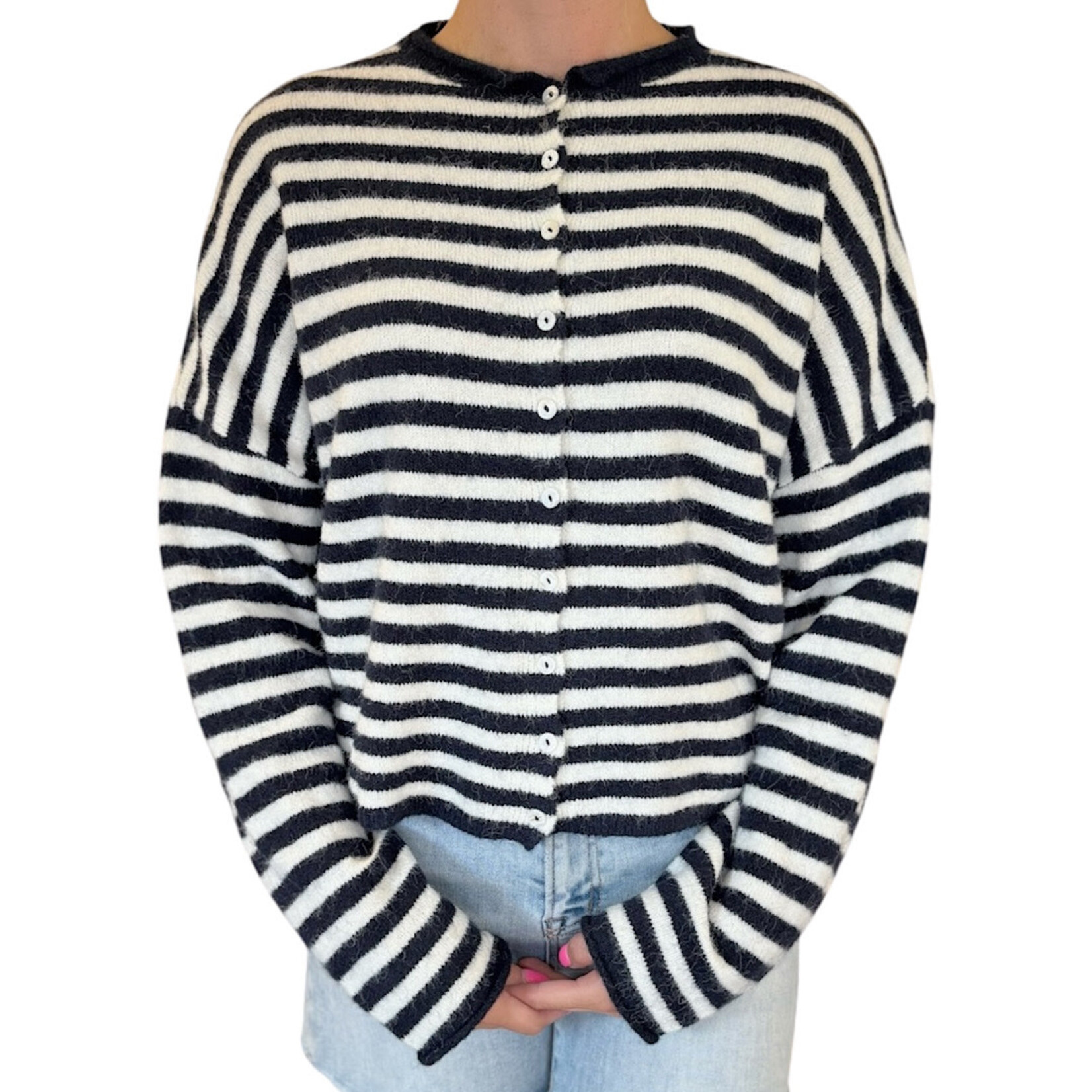 Navy Striped Button Down Cardigan