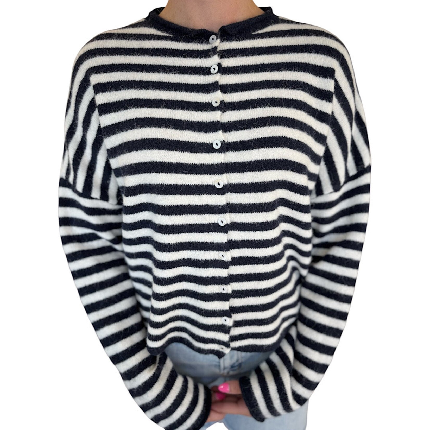 Navy Striped Button Down Cardigan