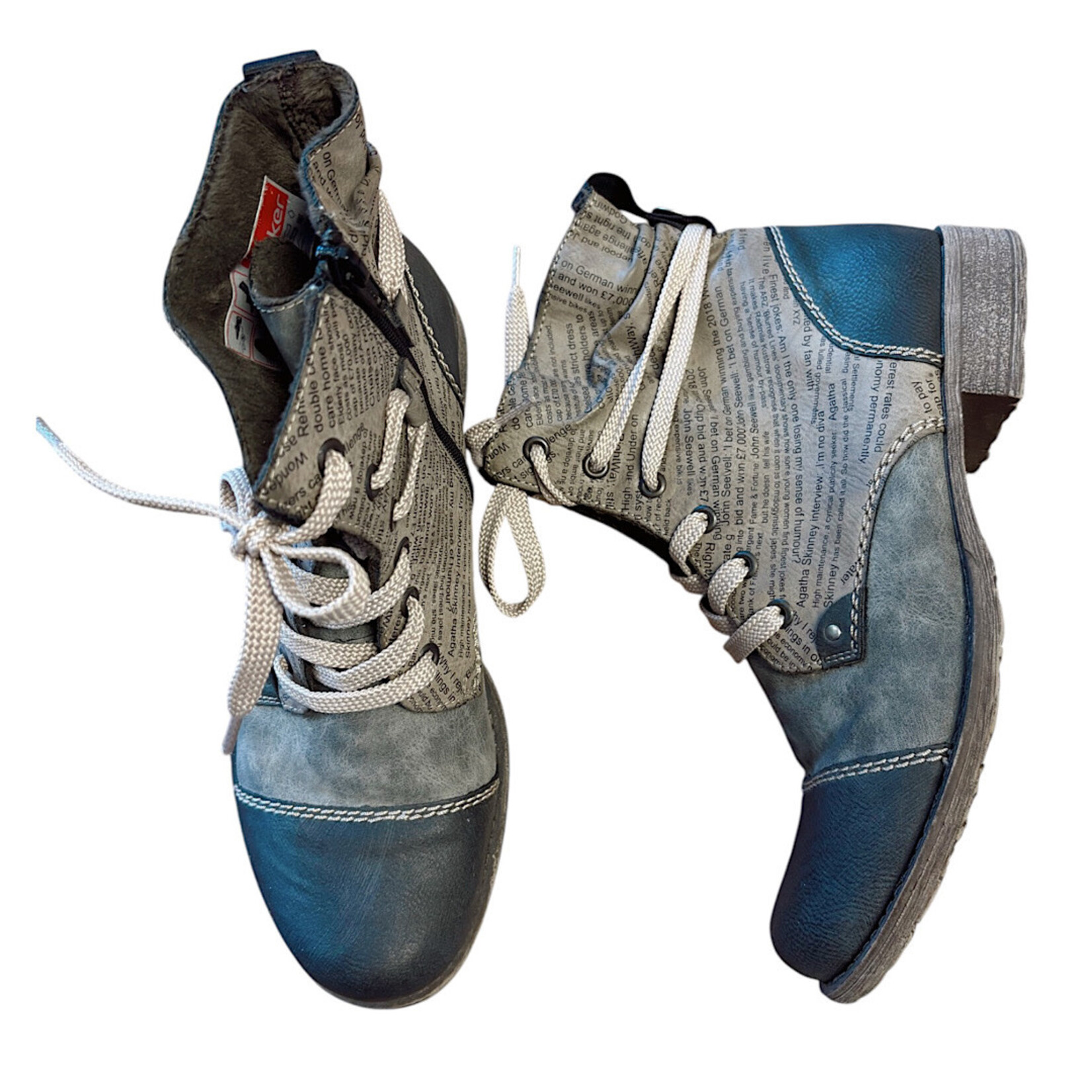 Rieker Payton 22 Grey Newspaper Printed Boot Size 9.5-RF