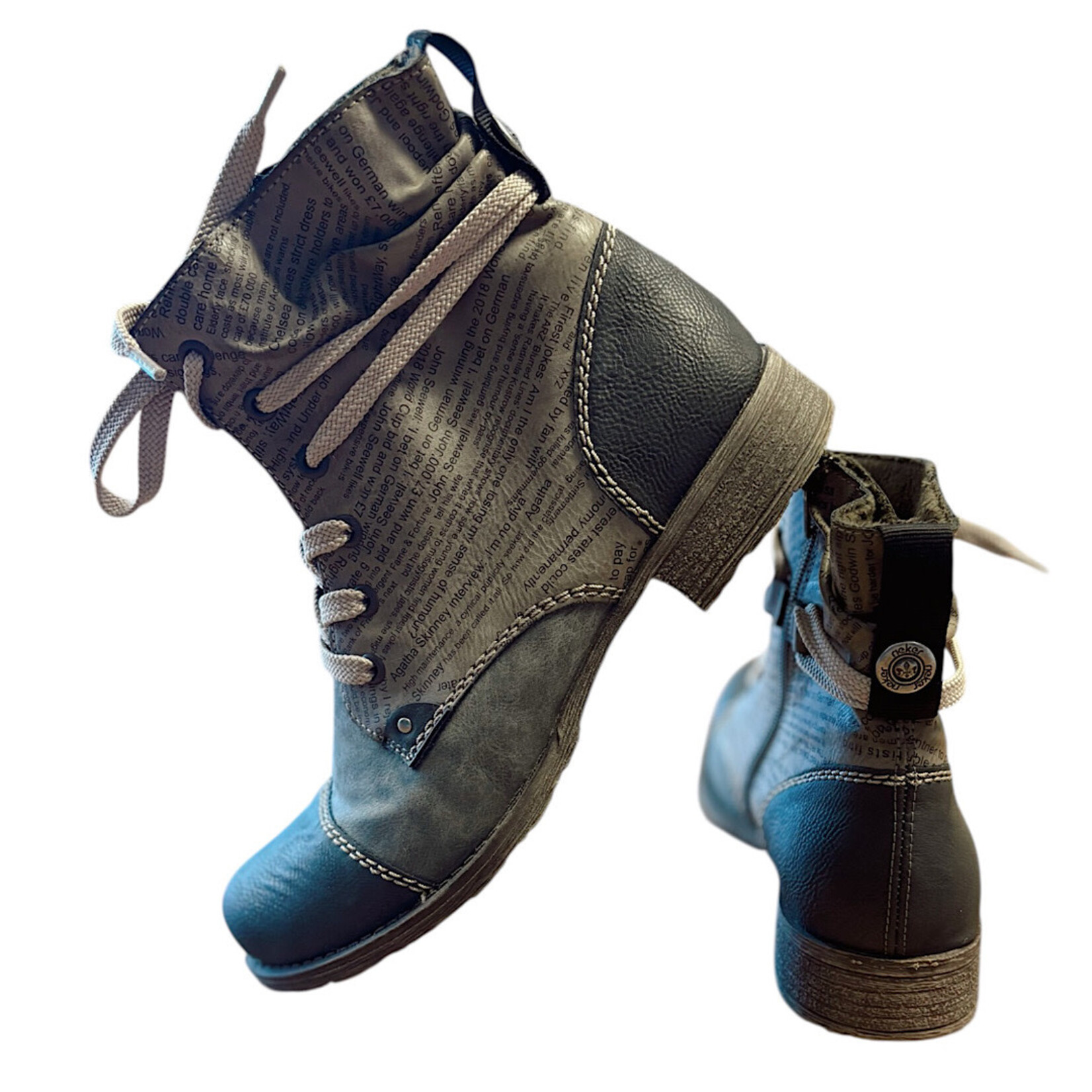 Rieker Payton 22 Grey Newspaper Printed Boot Size 9.5-RF