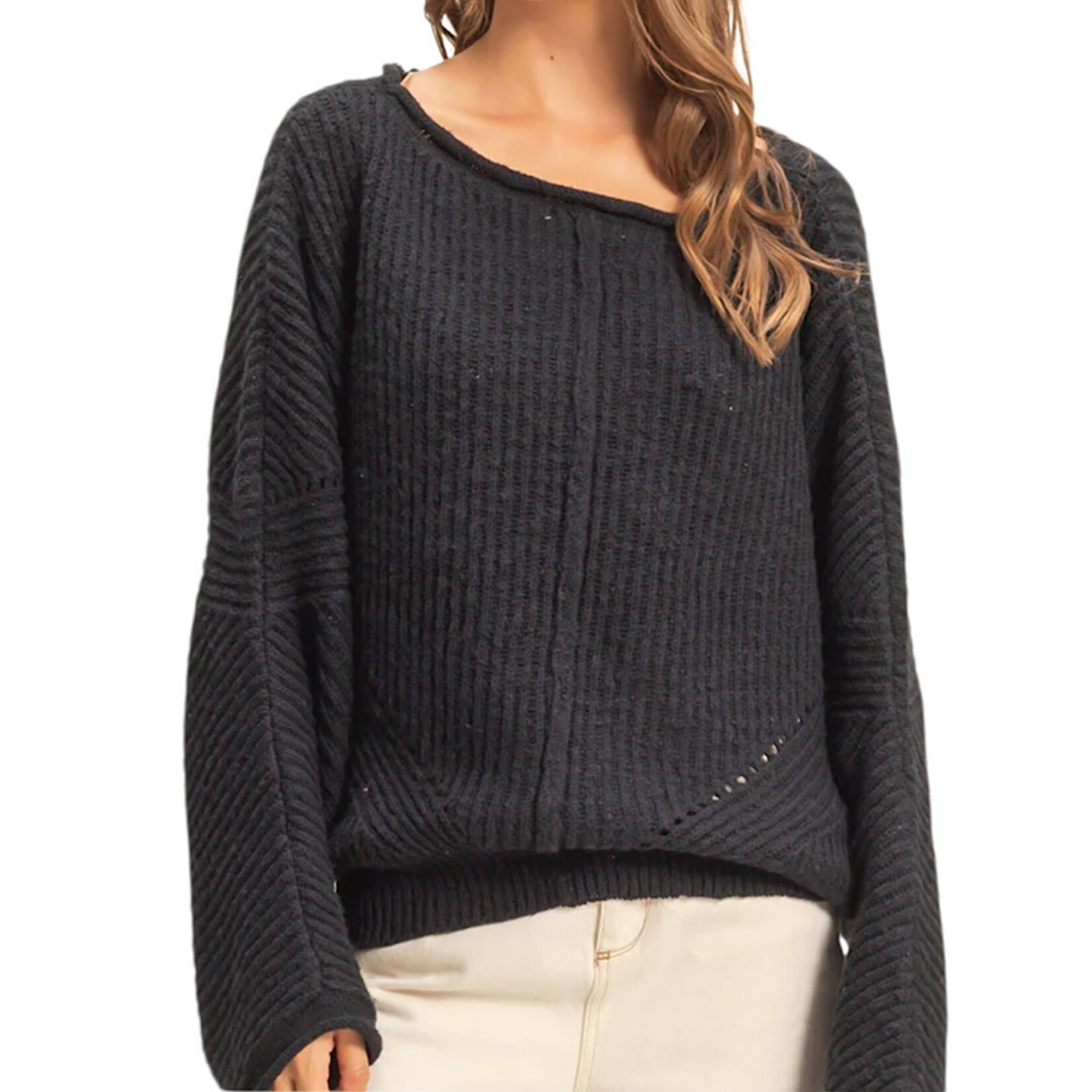 Black Ribbed Drop Sleeve Sweater
