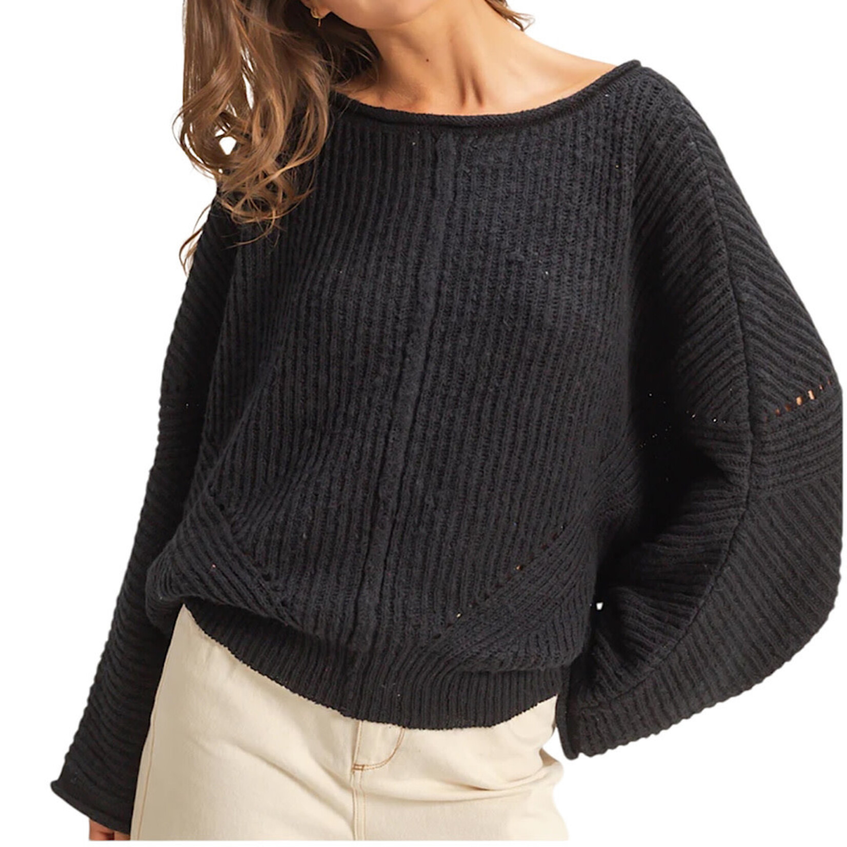 Black Ribbed Drop Sleeve Sweater
