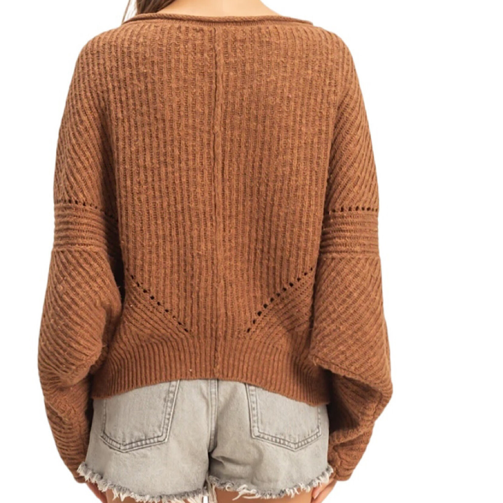Brown Ribbed Drop Sleeve Sweater