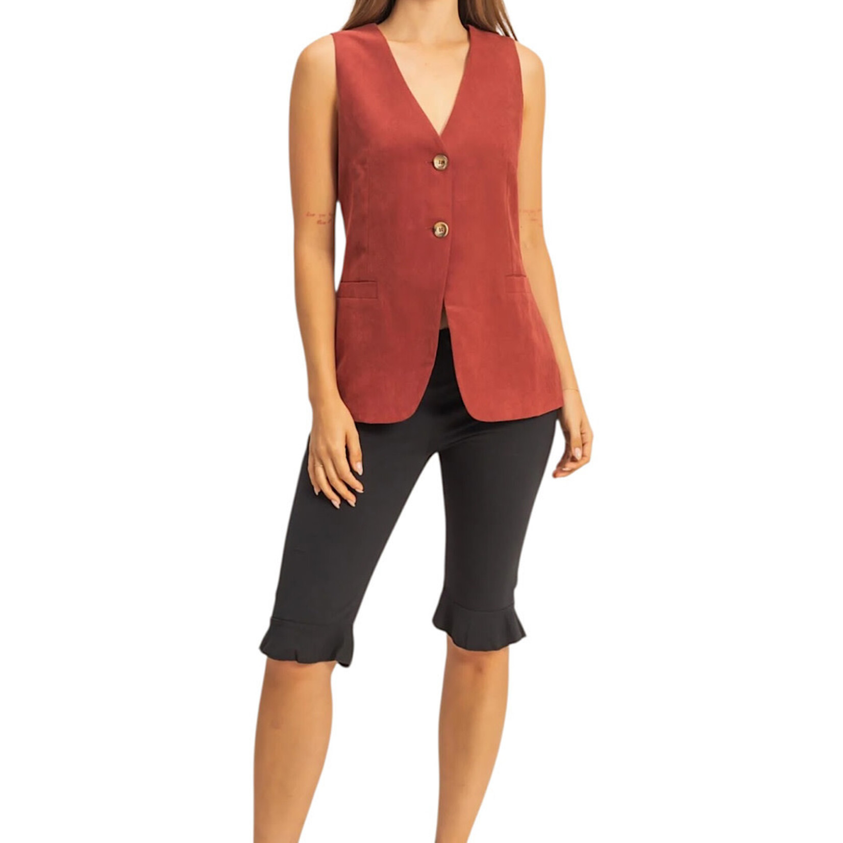 Rust Sleeveless V-Neck Tailored Button Vest