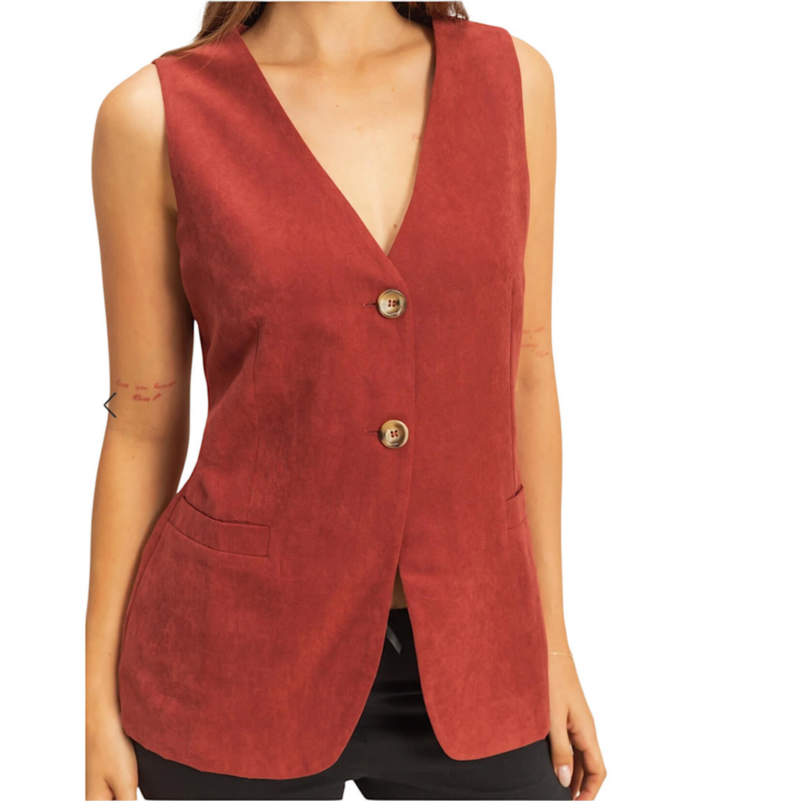 Rust Sleeveless V-Neck Tailored Button Vest
