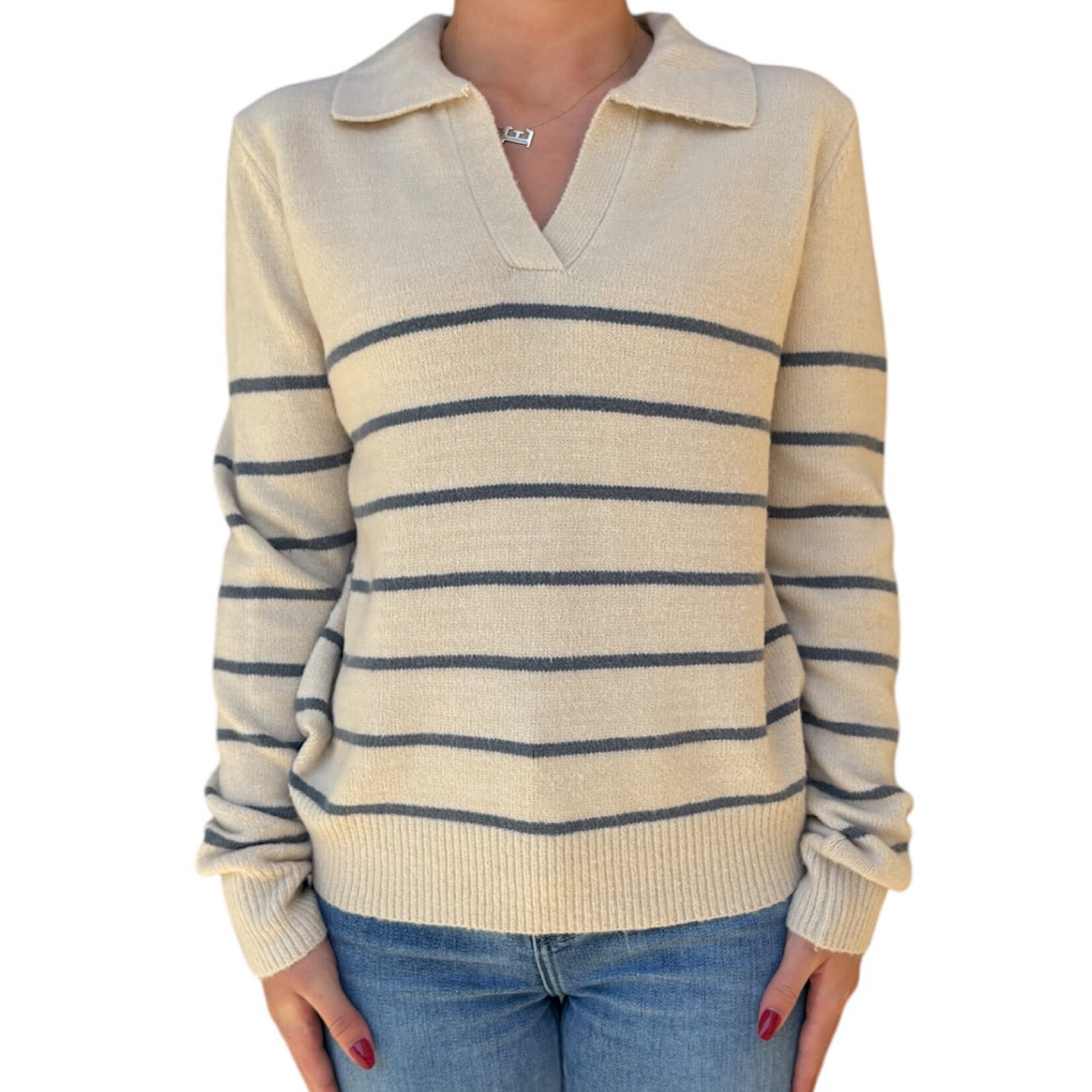 Blue Collared Stripe Sweater Top