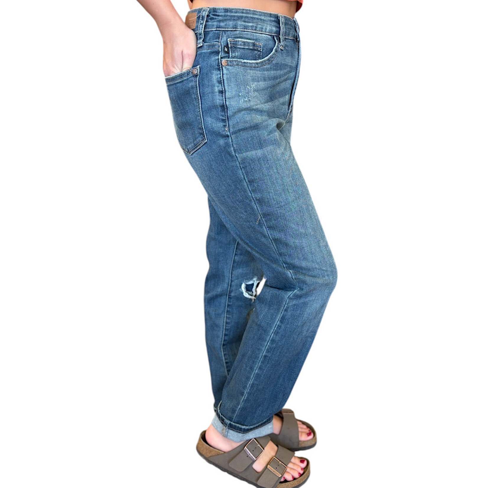 Judy Blue JB88317 Dark Wash Knee Patch Boyfriend Jeans Size 1/25-RF