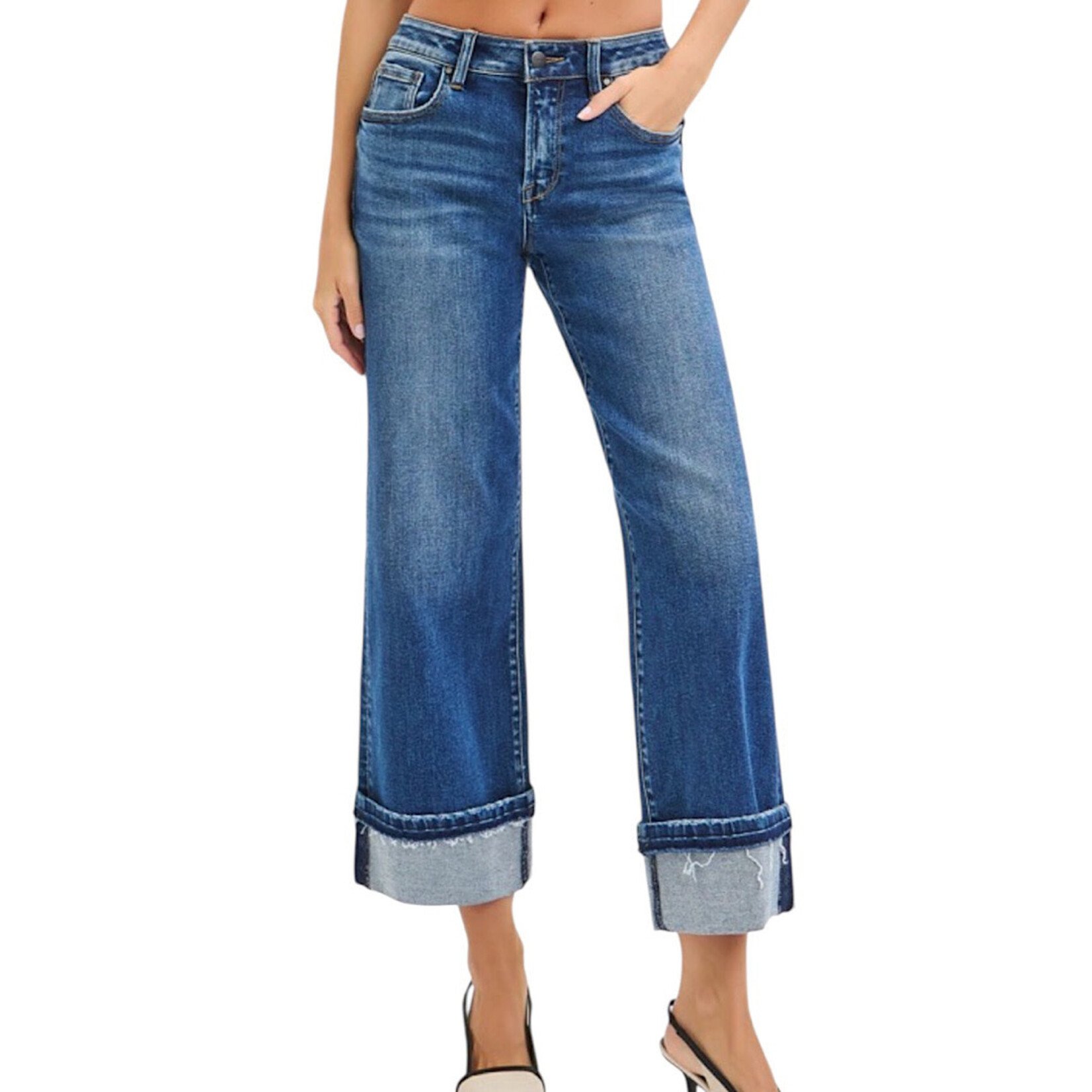 RISEN PWA21442 Dark Mid Rise Ankle Straight Cuffed Hem Jeans