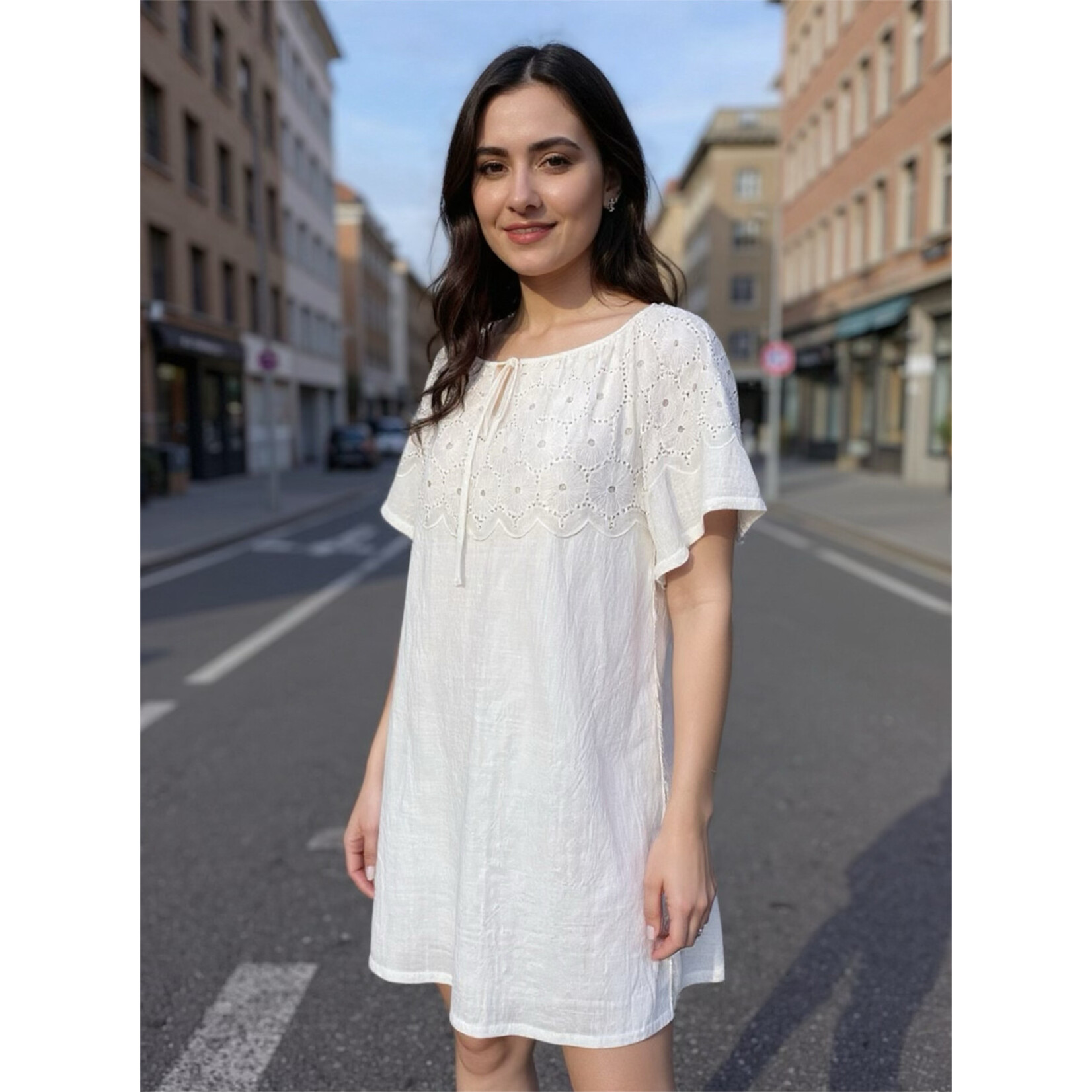 White Eyelet Neck Dress