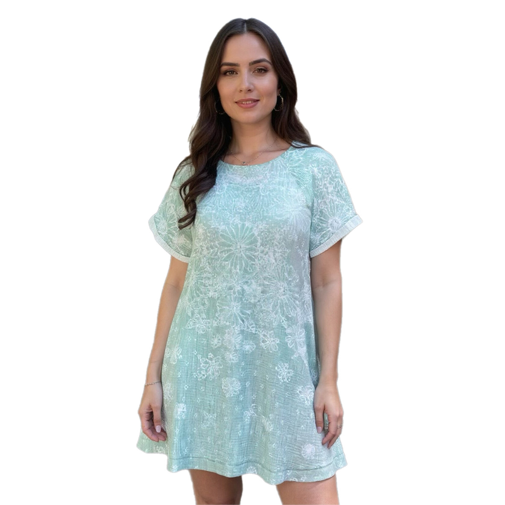Sage Printed Cotton Gauze Tunic Dress
