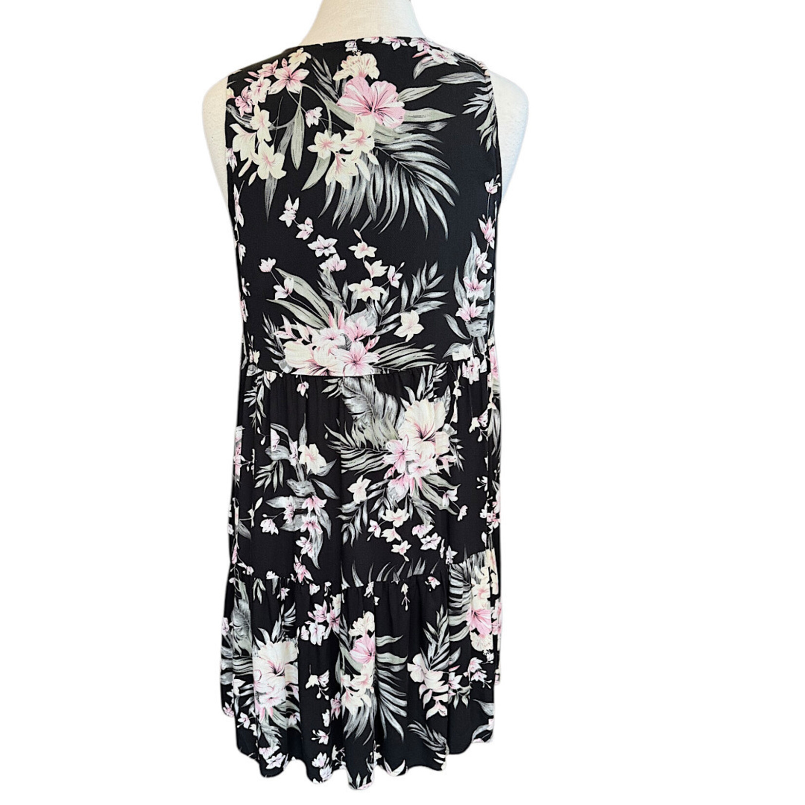 Black Slub Floral Print Dress