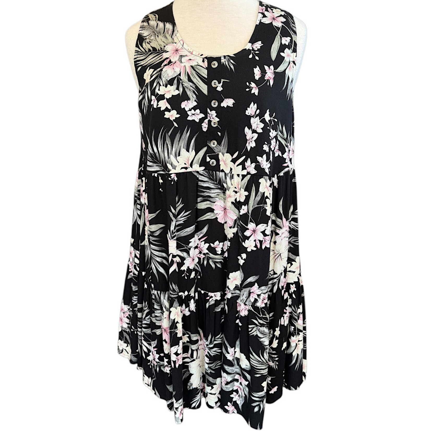 Black Slub Floral Print Dress