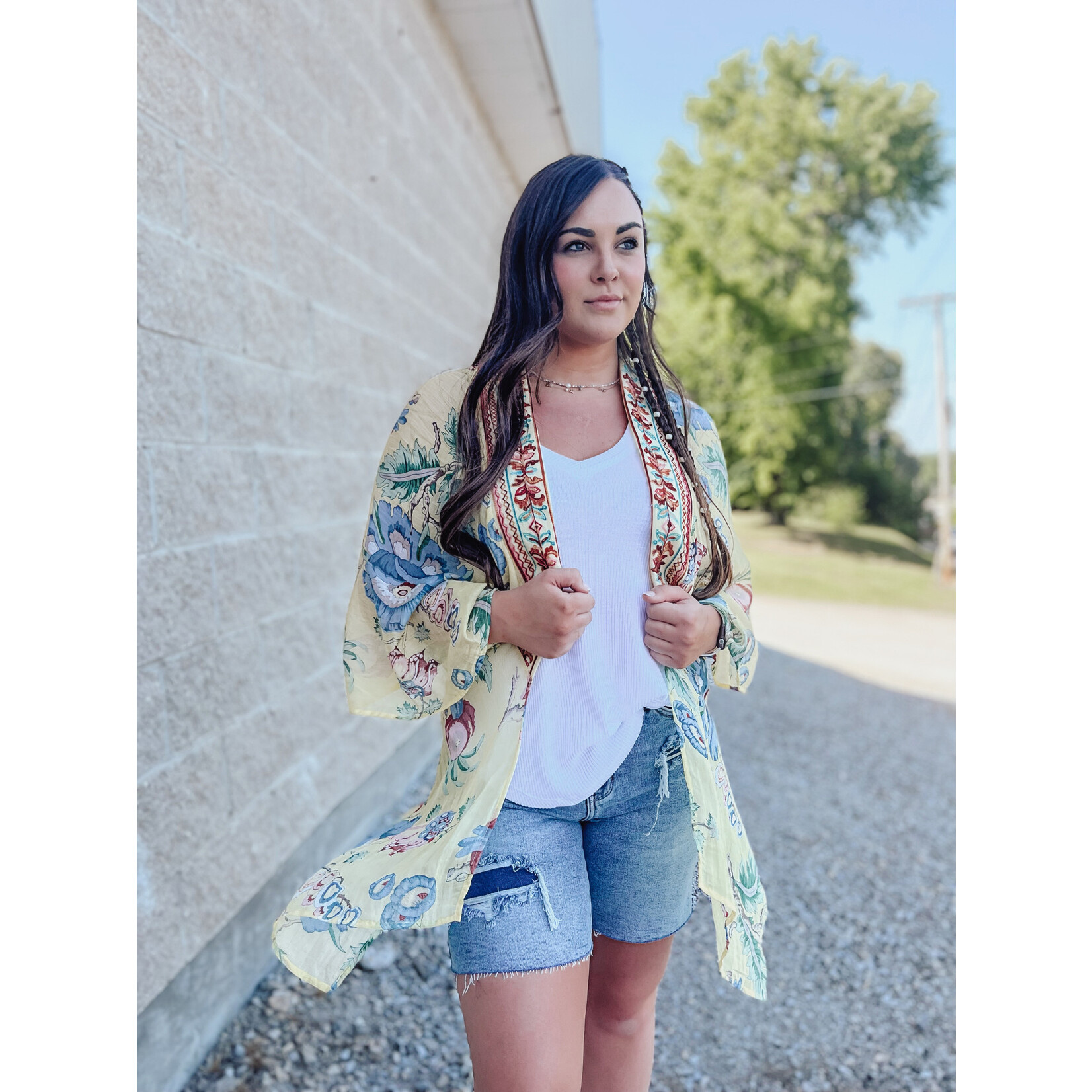 Mixed Print Angel Wing Sleeve Kimono