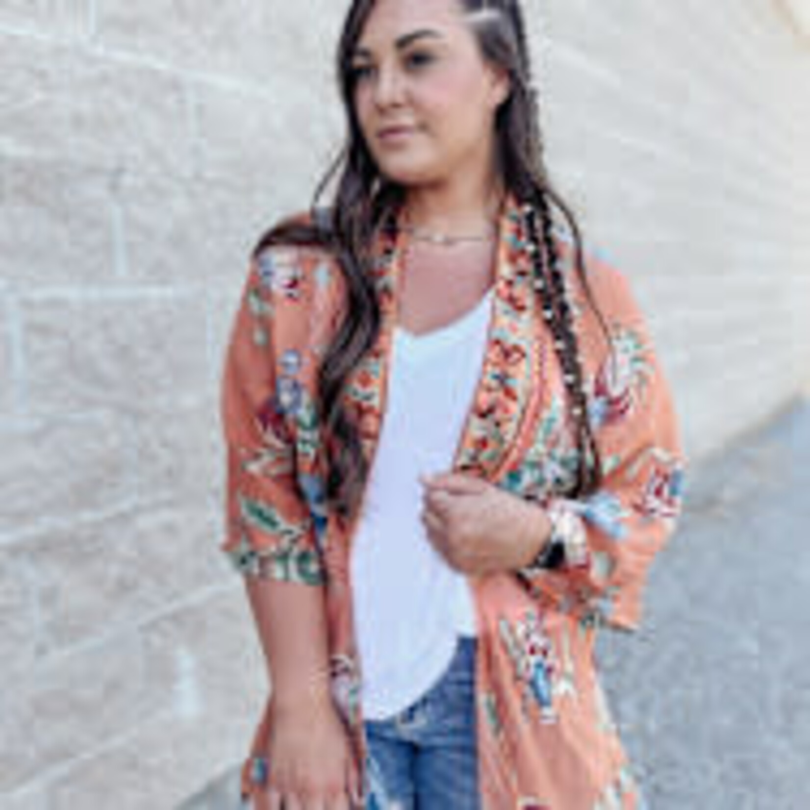 Mixed Print Angel Wing Sleeve Kimono Cantaloupe S/M