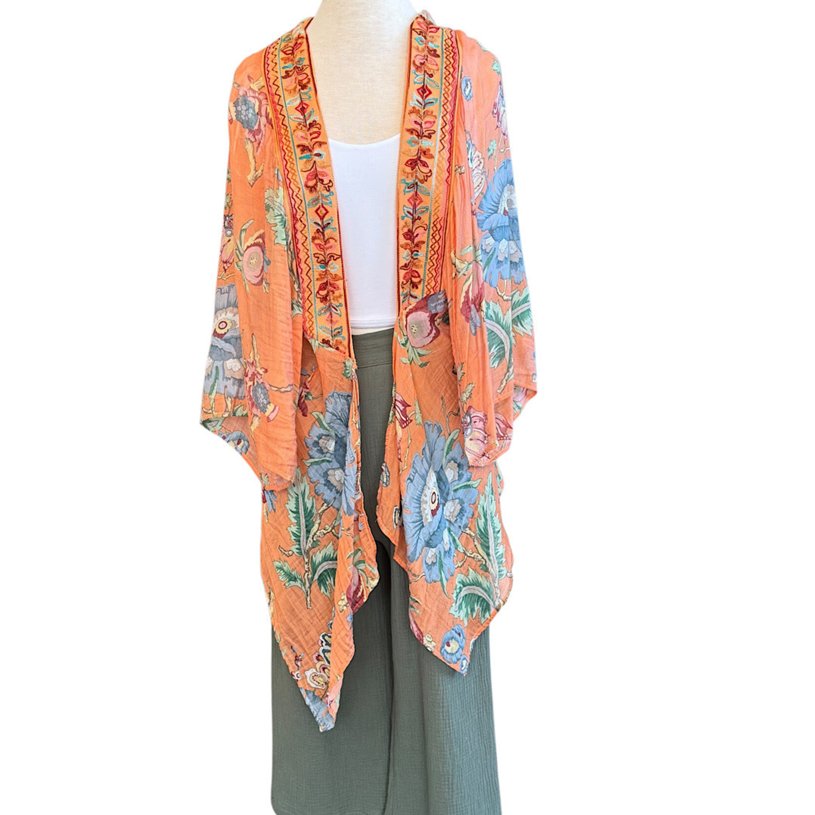 Mixed Print Angel Wing Sleeve Kimono Cantaloupe S/M