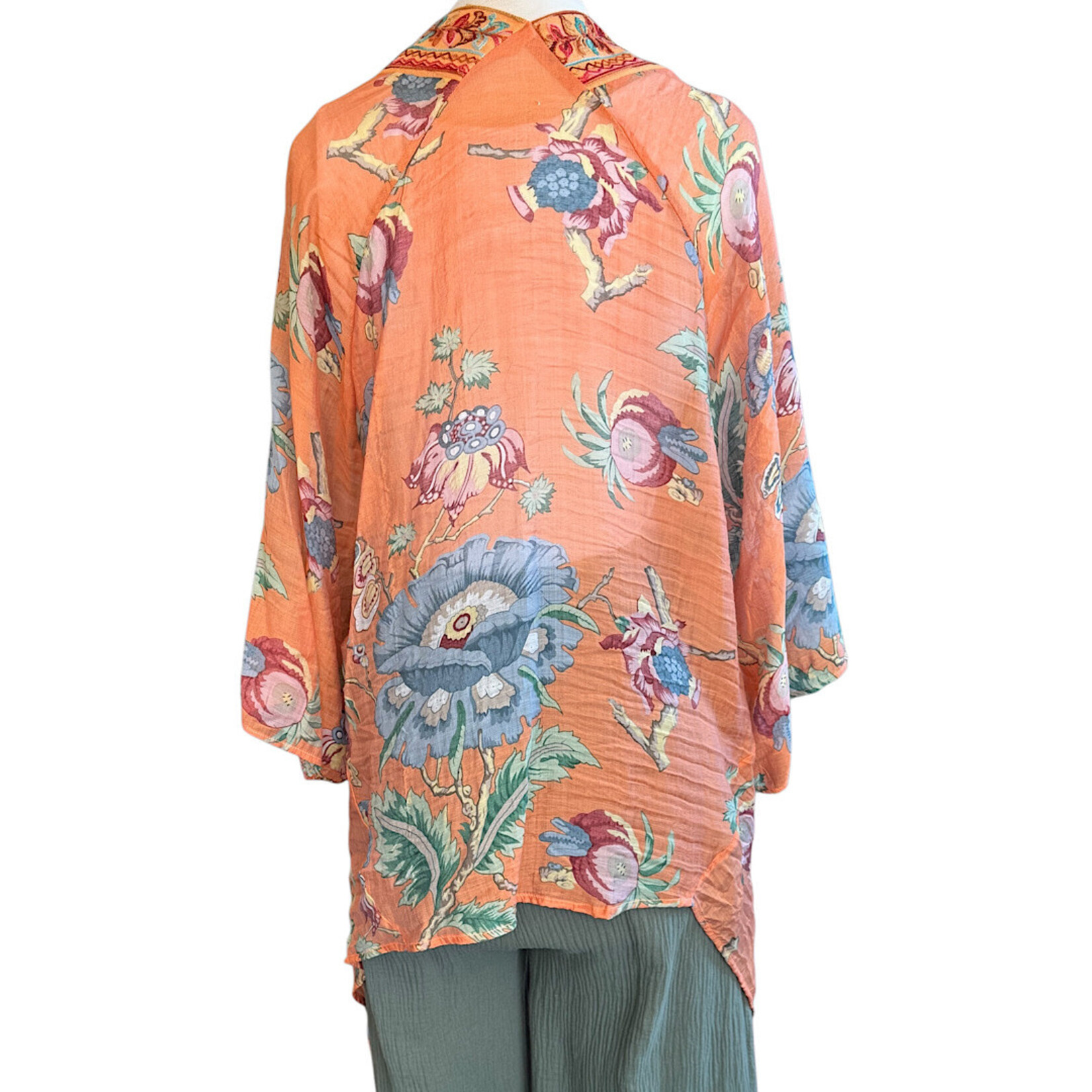 Mixed Print Angel Wing Sleeve Kimono Cantaloupe S/M