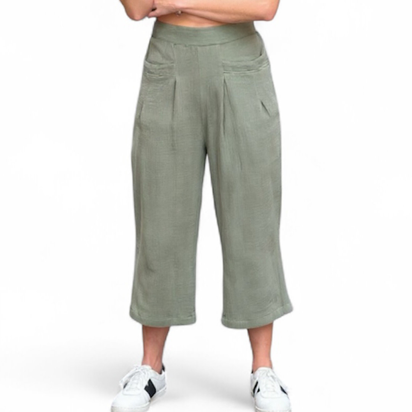 Olive Cotton Gauze Front Pocket Detailed Pants