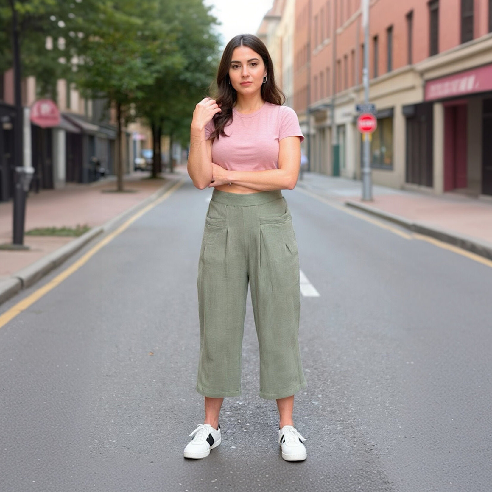 Olive Cotton Gauze Front Pocket Detailed Pants