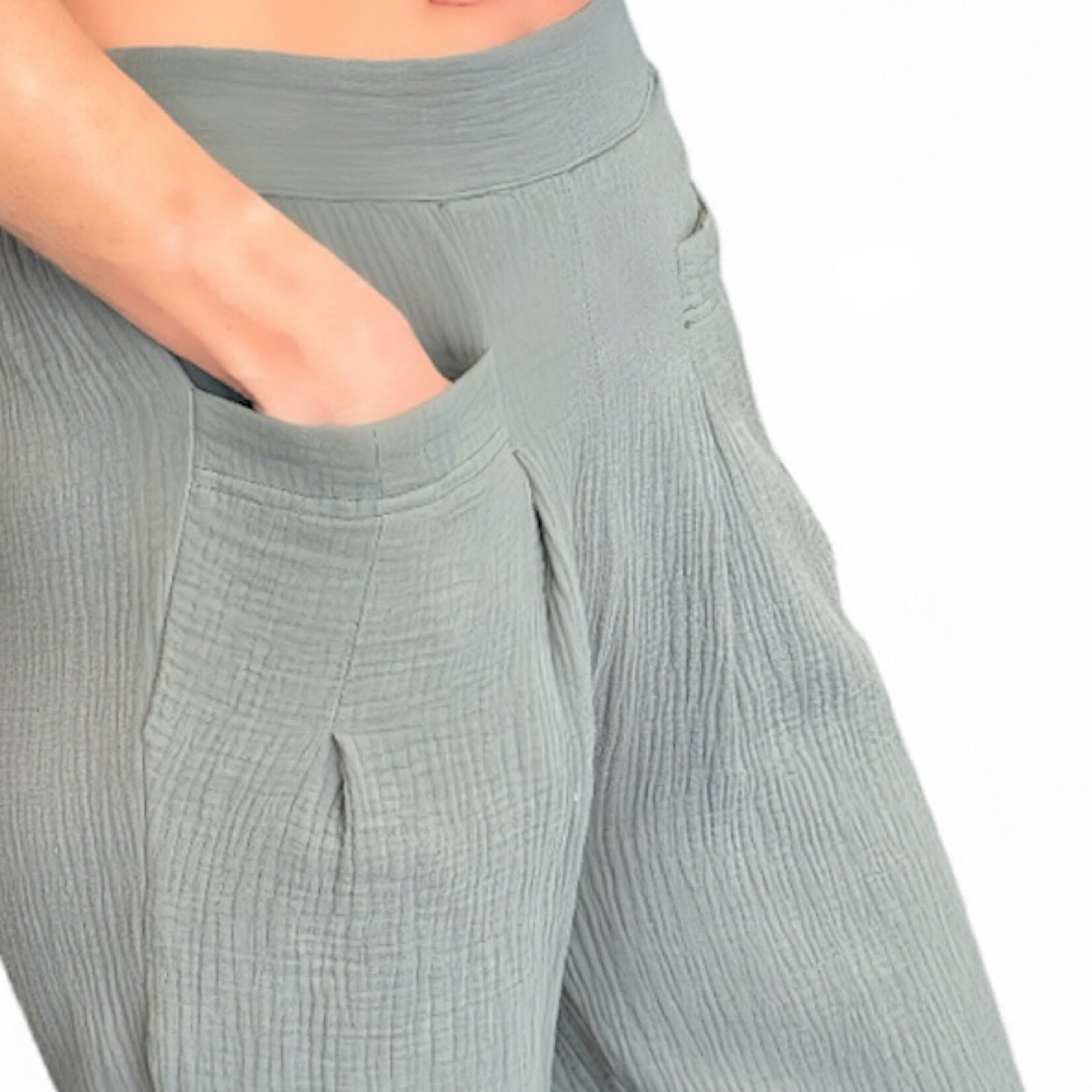 Olive Cotton Gauze Front Pocket Detailed Pants