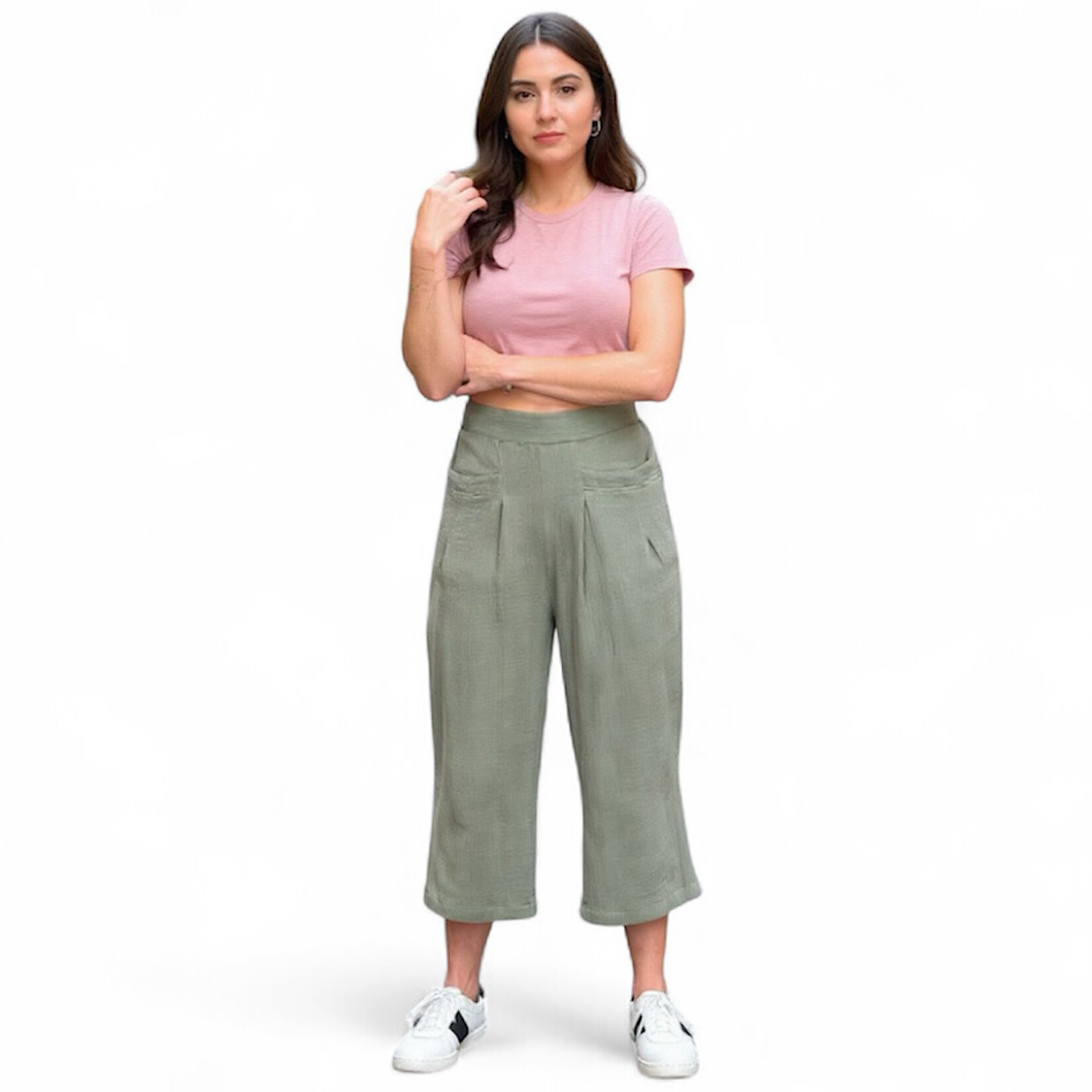 Olive Cotton Gauze Front Pocket Detailed Pants