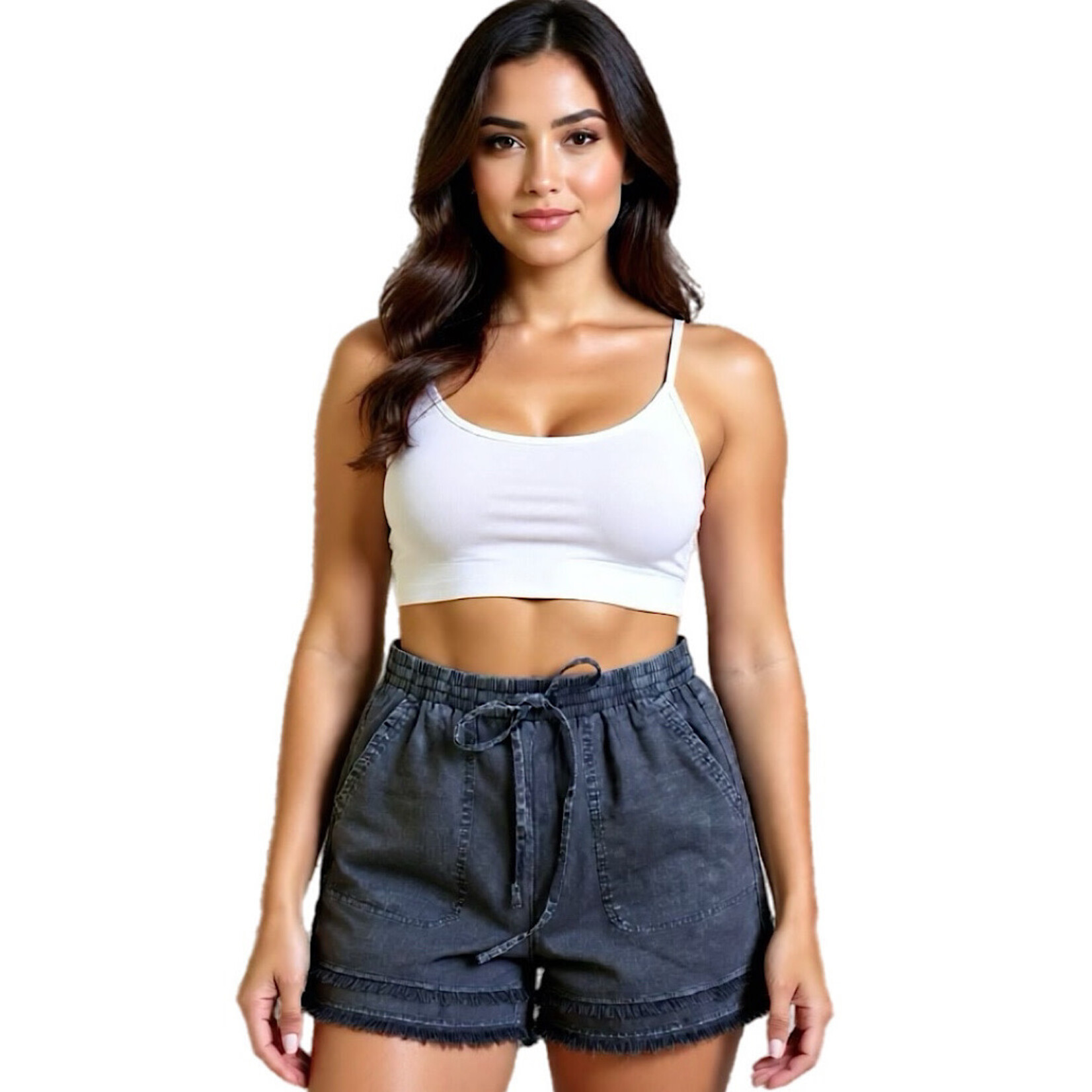 Black Cotton Slub Frayed Shorts