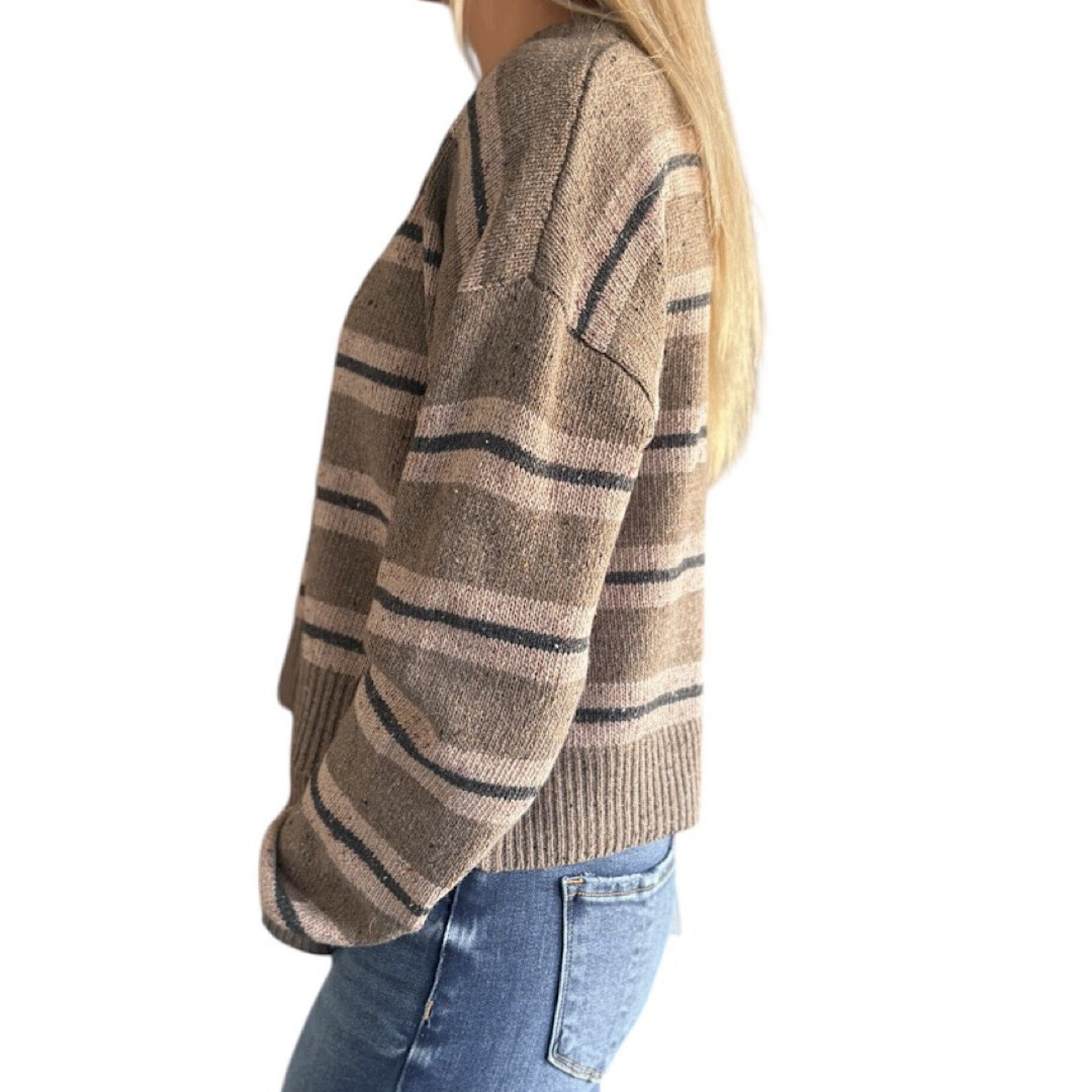 Chestnut Striped Crew Neck Cozy Sweater