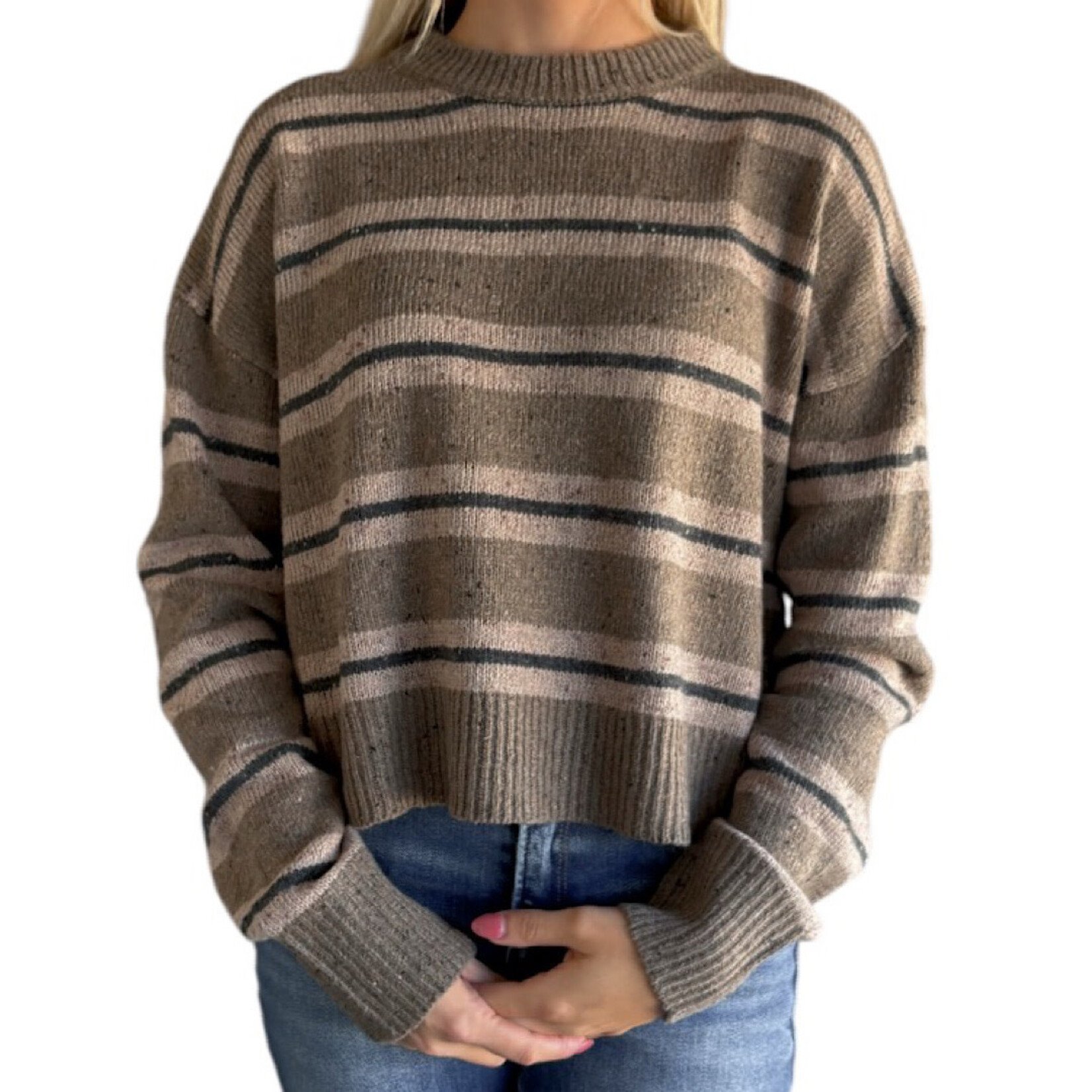 Chestnut Striped Crew Neck Cozy Sweater