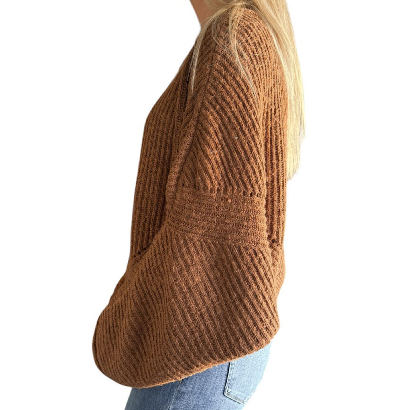 Brown Ribbed Drop Sleeve Sweater