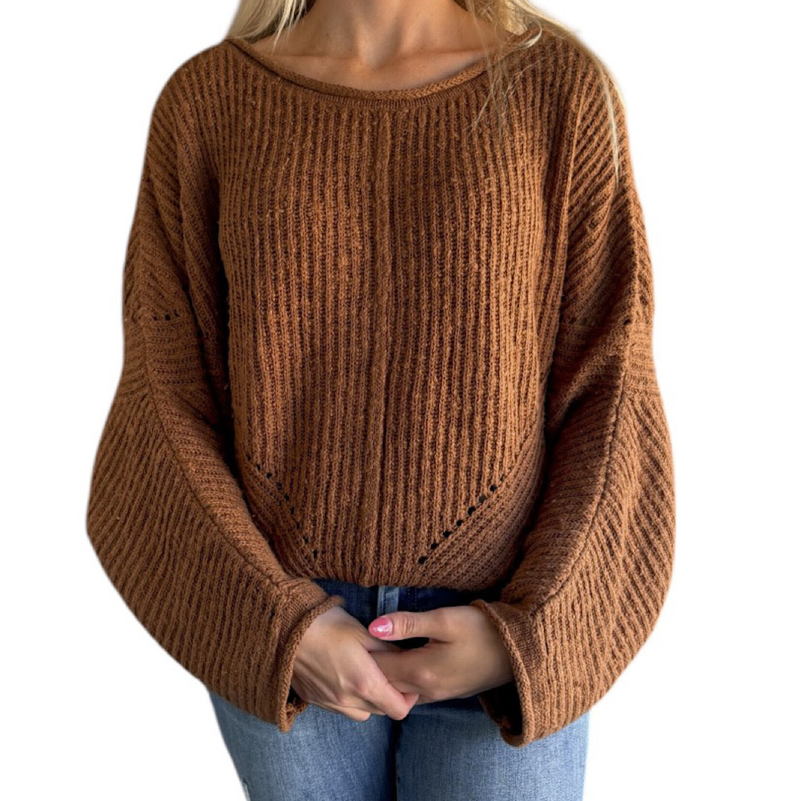 Brown Ribbed Drop Sleeve Sweater
