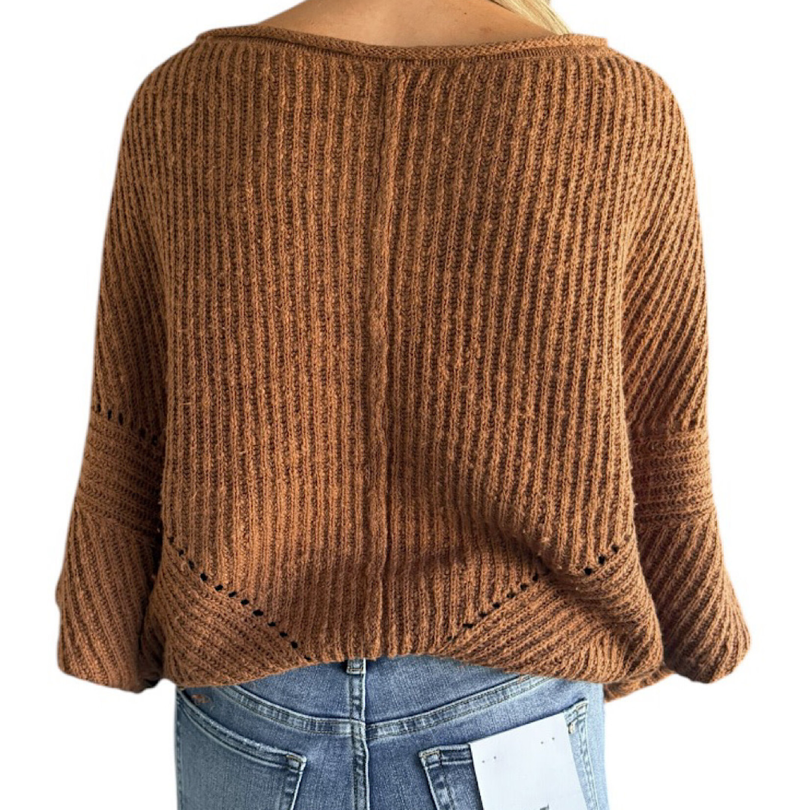 Brown Ribbed Drop Sleeve Sweater