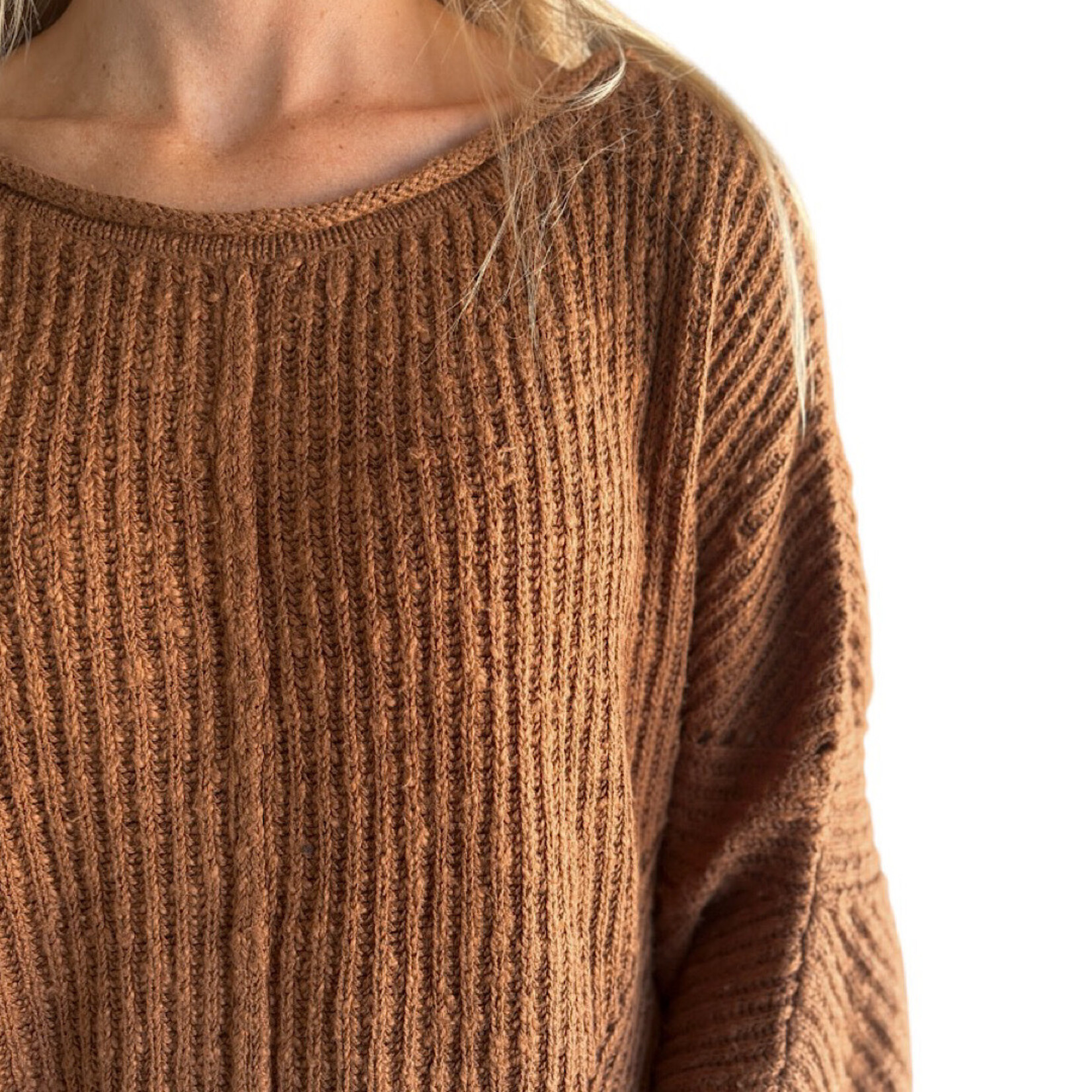 Brown Ribbed Drop Sleeve Sweater