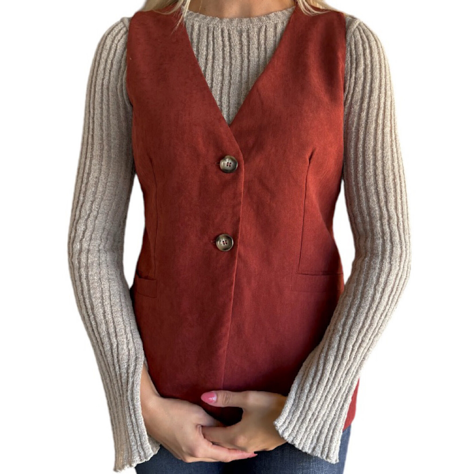 Rust Sleeveless V-Neck Tailored Button Vest