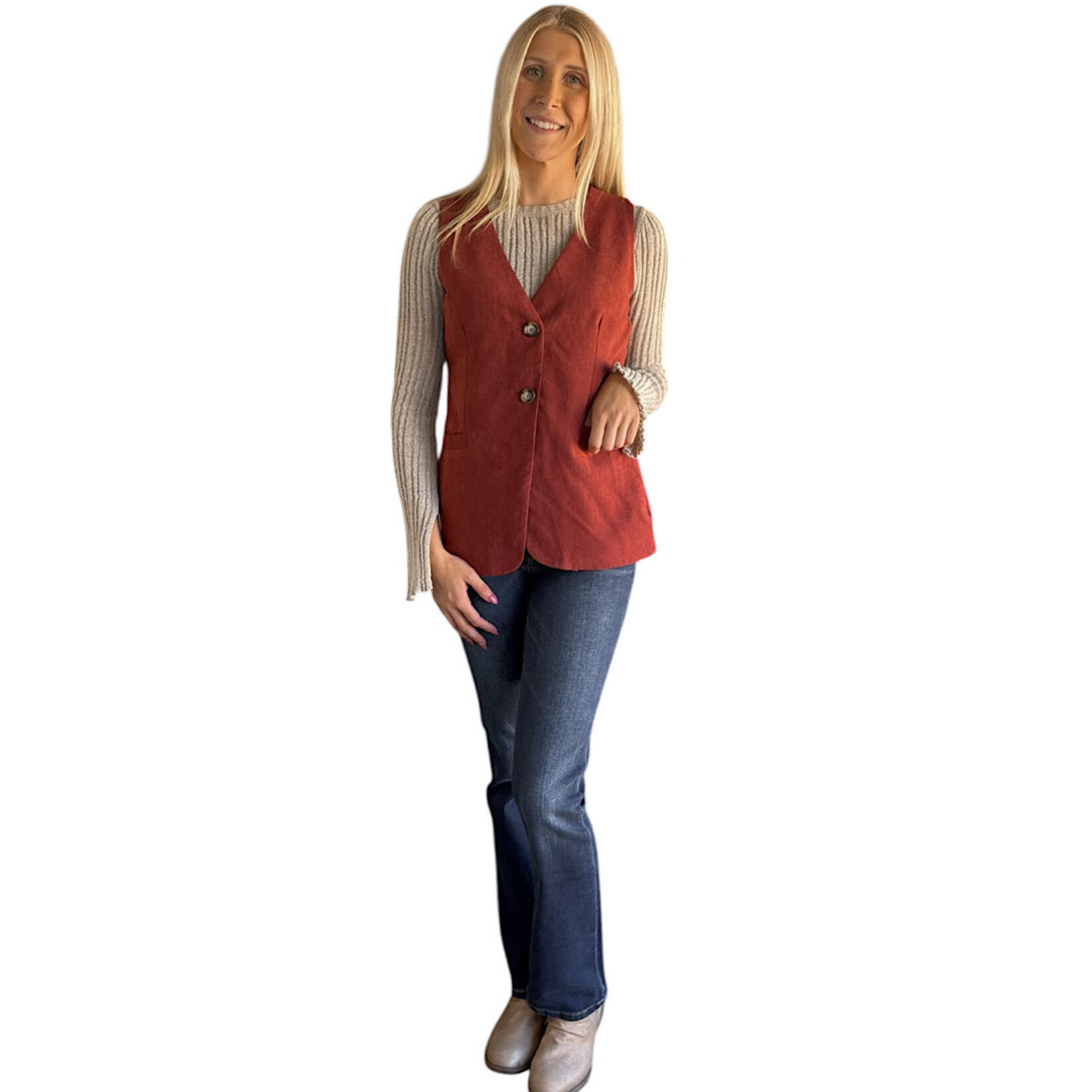 Rust Sleeveless V-Neck Tailored Button Vest