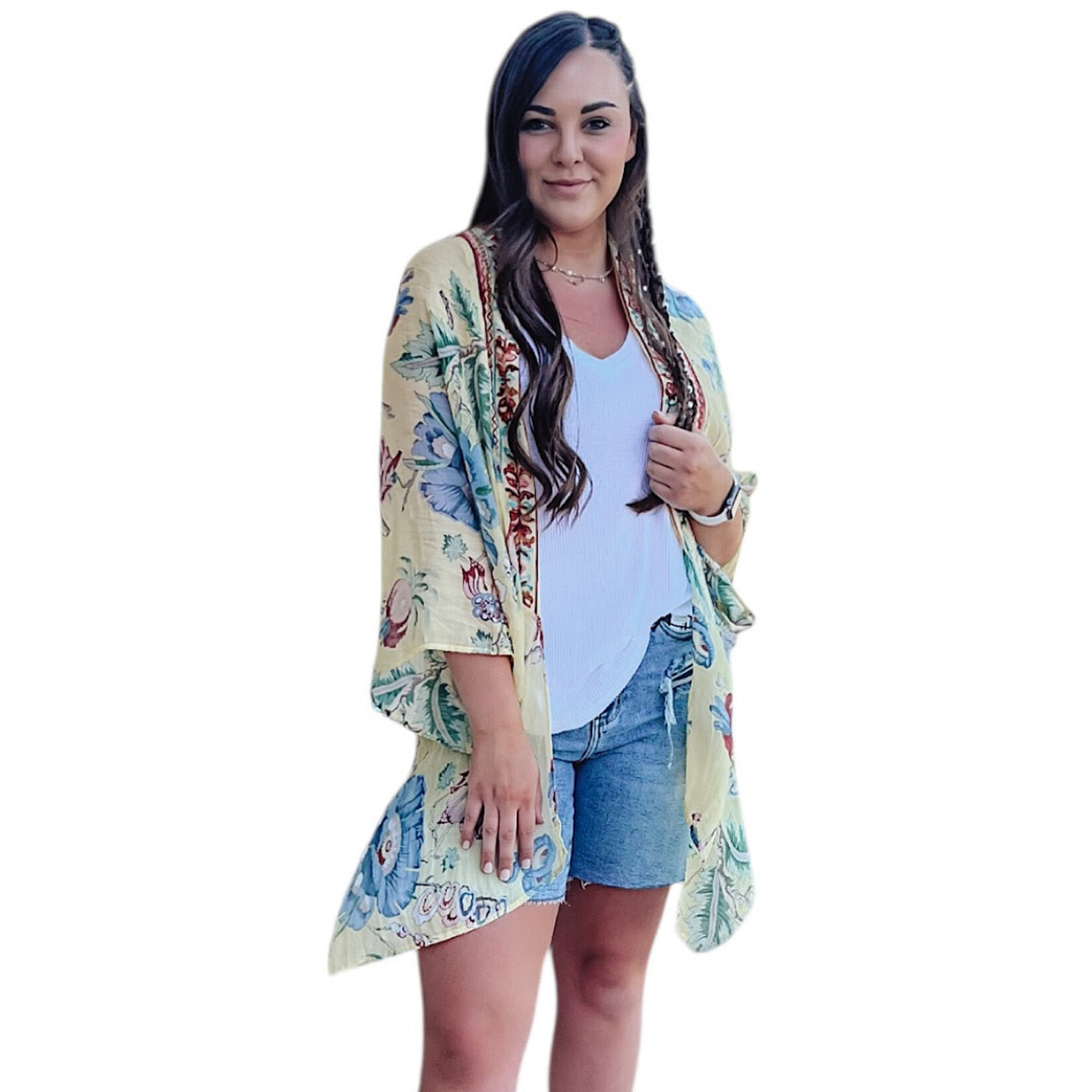 Mixed Print Angel Wing Sleeve Kimono