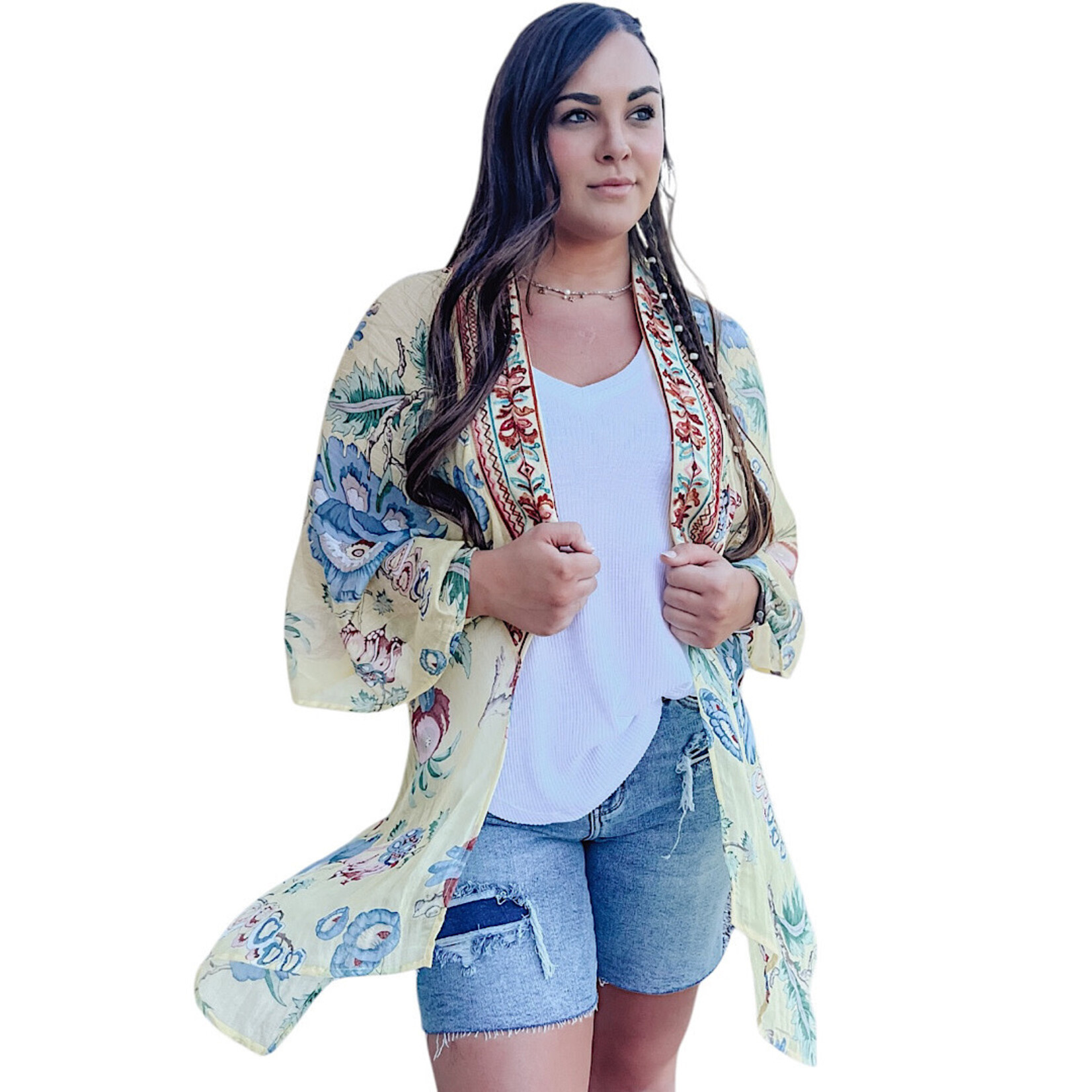 Mixed Print Angel Wing Sleeve Kimono