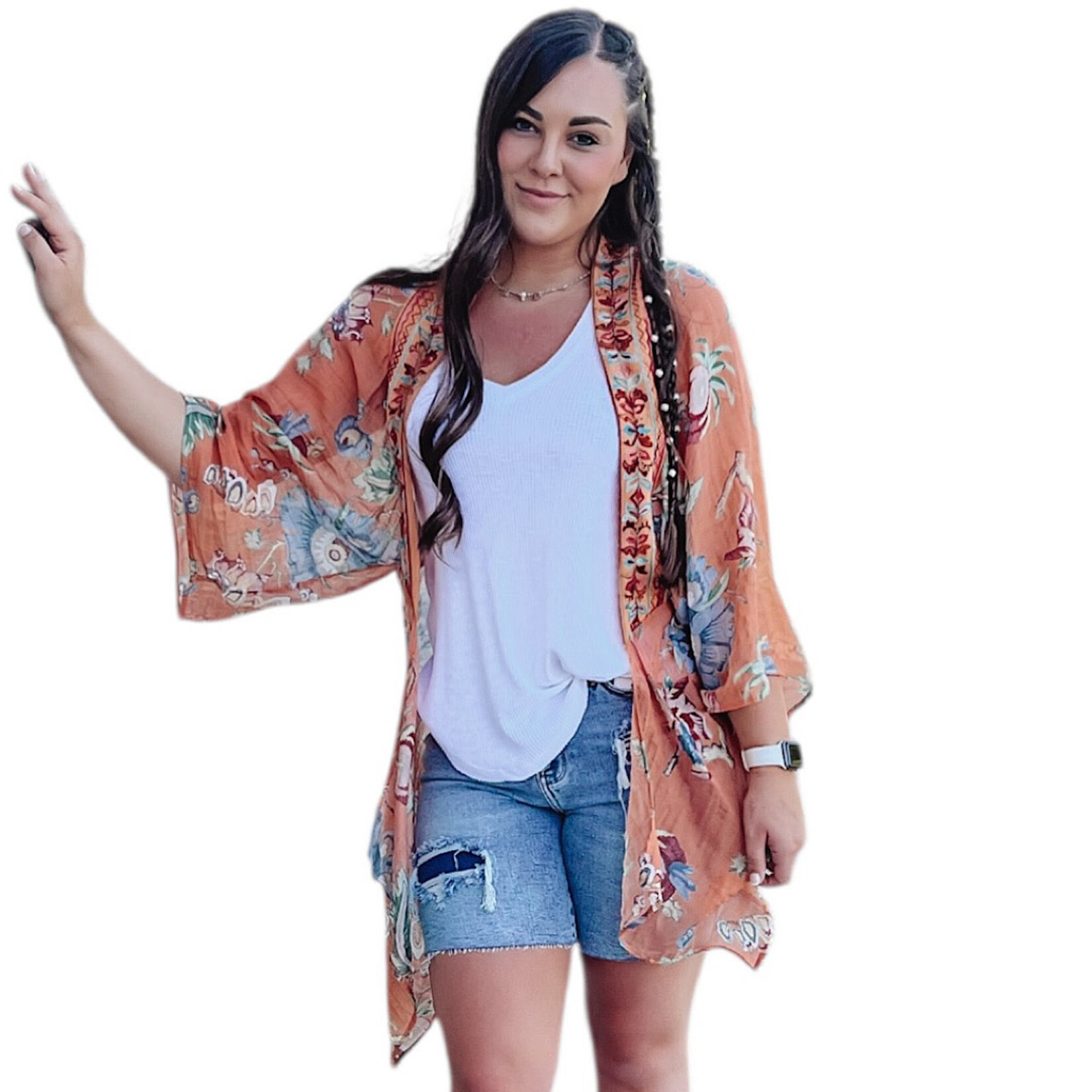 Mixed Print Angel Wing Sleeve Kimono Cantaloupe S/M