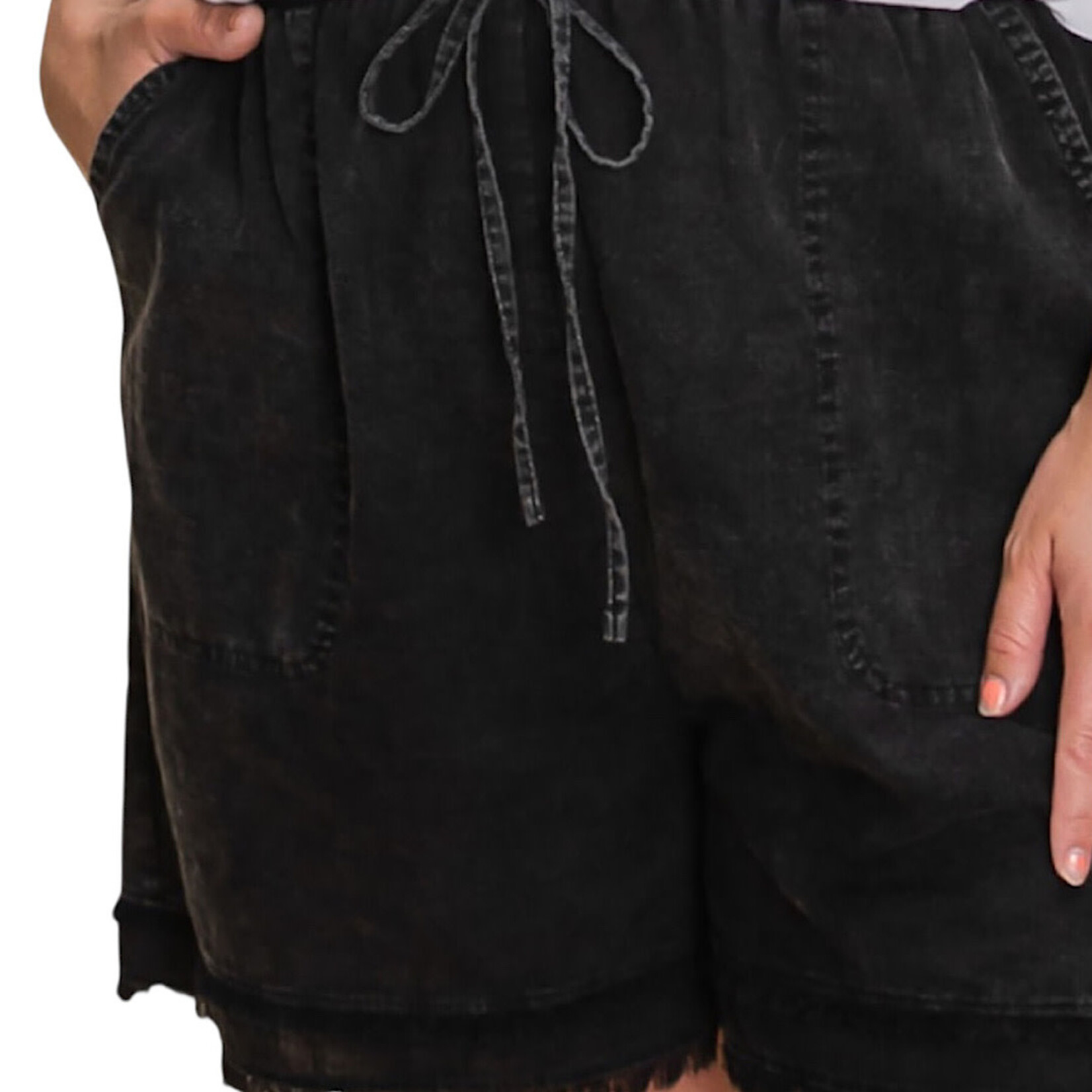 Black Cotton Slub Frayed Shorts