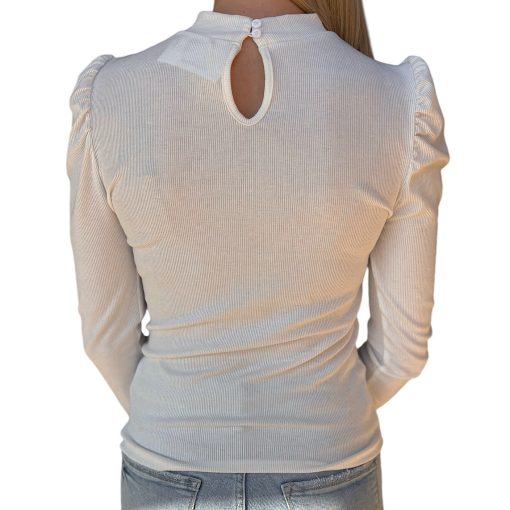 Off White Puff-Sleeve Fitted Top With Keyhole Back