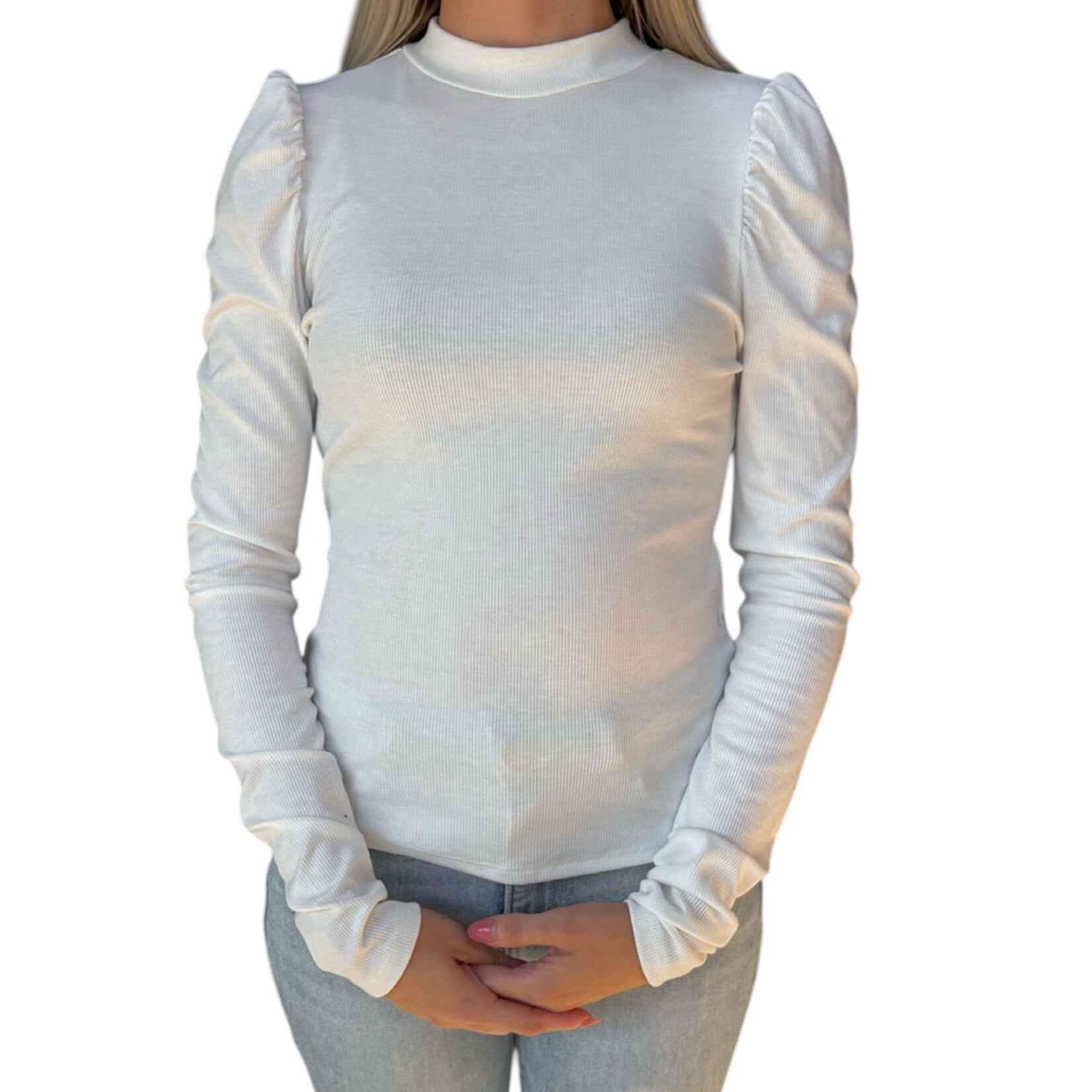 Off White Puff-Sleeve Fitted Top With Keyhole Back