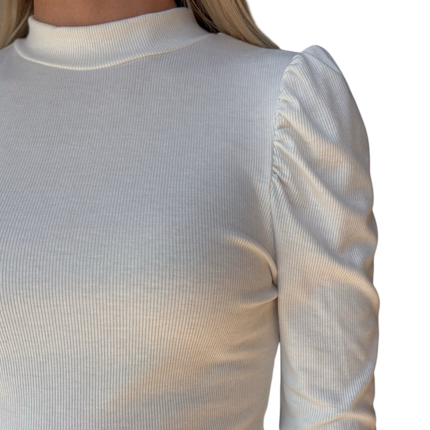 Off White Puff-Sleeve Fitted Top With Keyhole Back