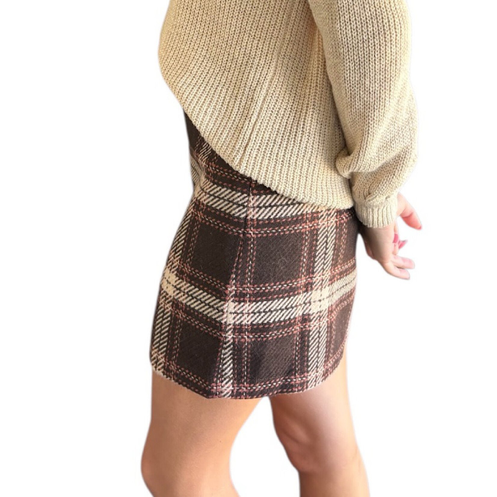 Brown Plaid Patterned Mini Skirt