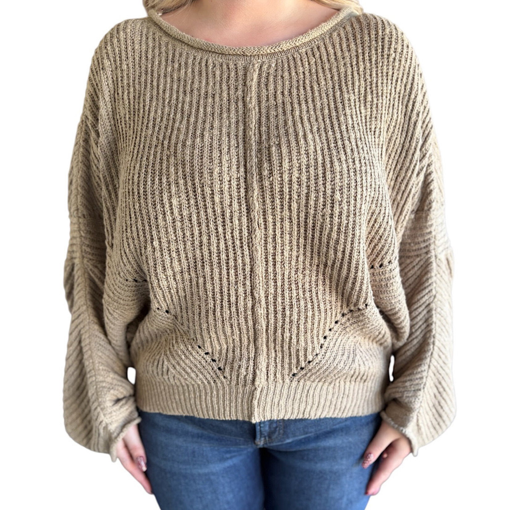 Olive Ribbed Drop Sleeve Sweater