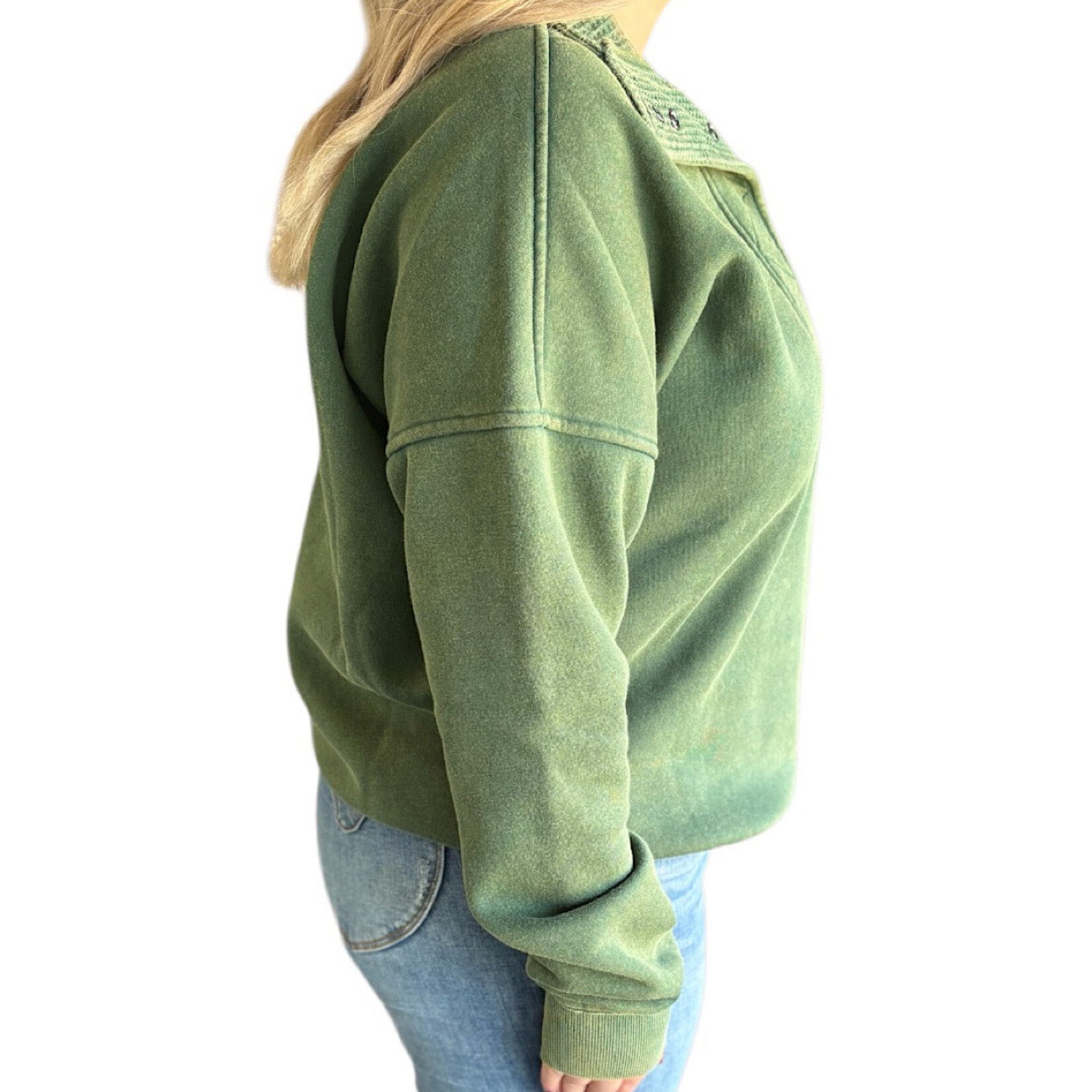 Green Mineral Wash Half Snap Pullover Sweatshirt