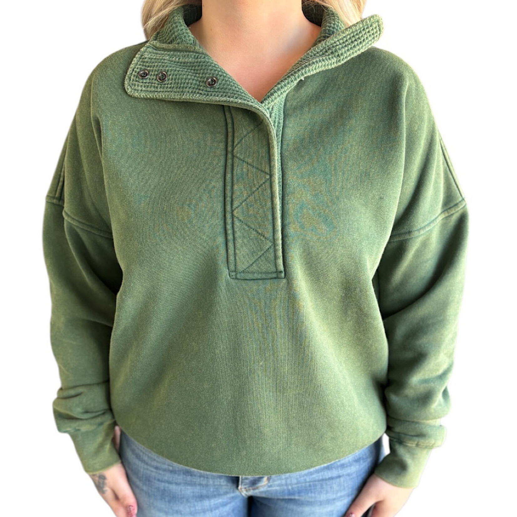 Green Mineral Wash Half Snap Pullover Sweatshirt