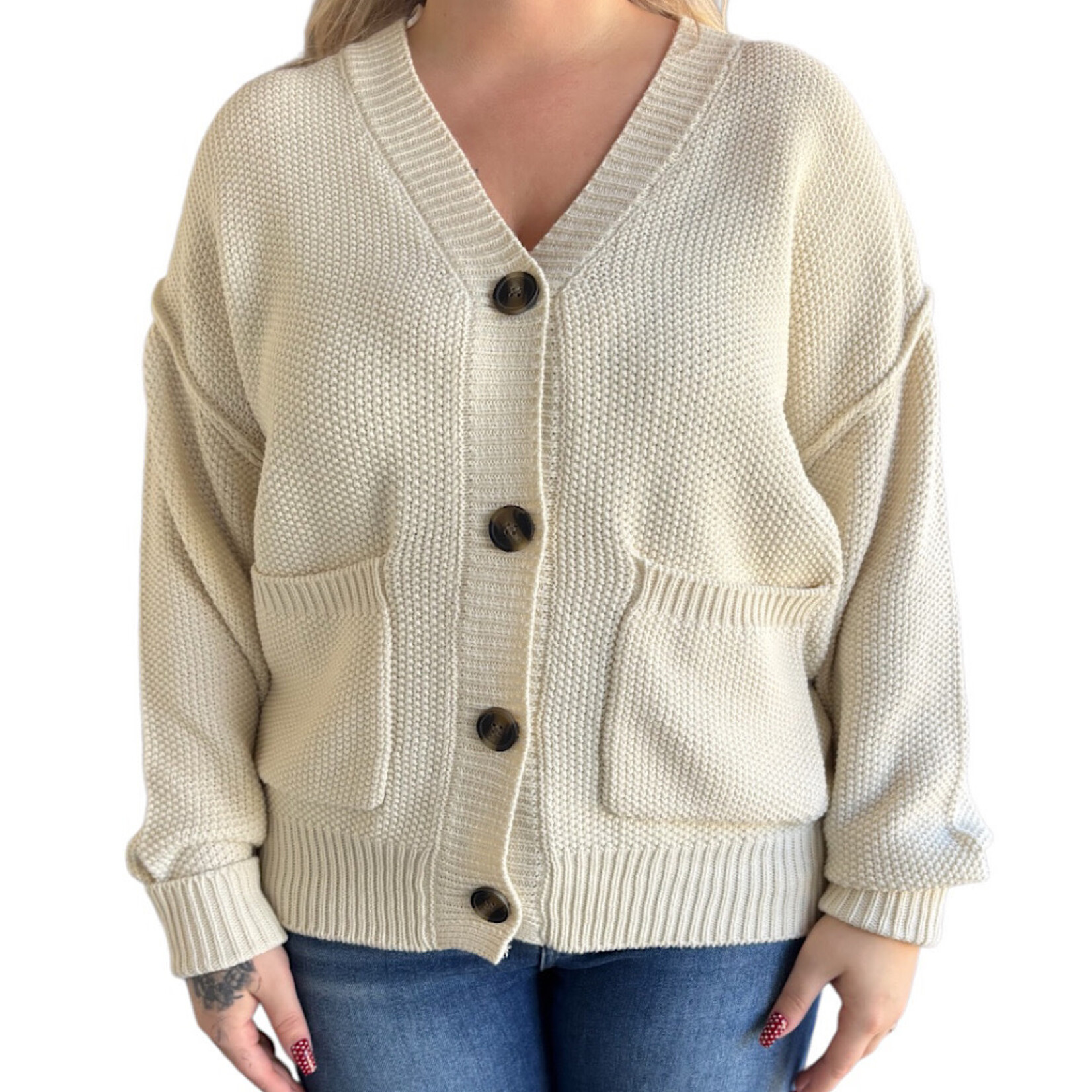 Cream Button Front Oversized Cardigan