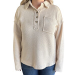 Cream Half Button Down Collared Textured Henley Knit Top