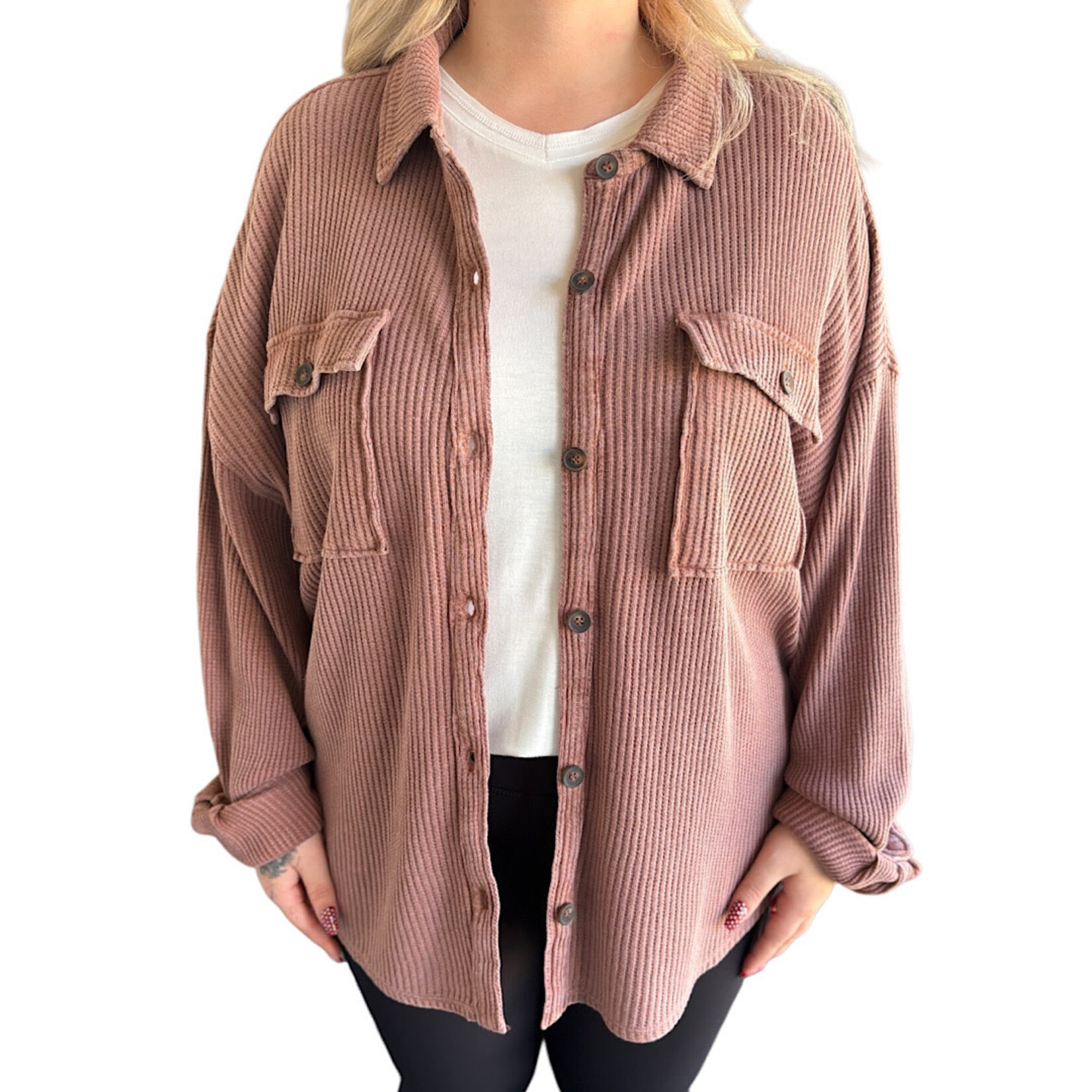 Chestnut Mineral Washed Waffle Knit Shacket