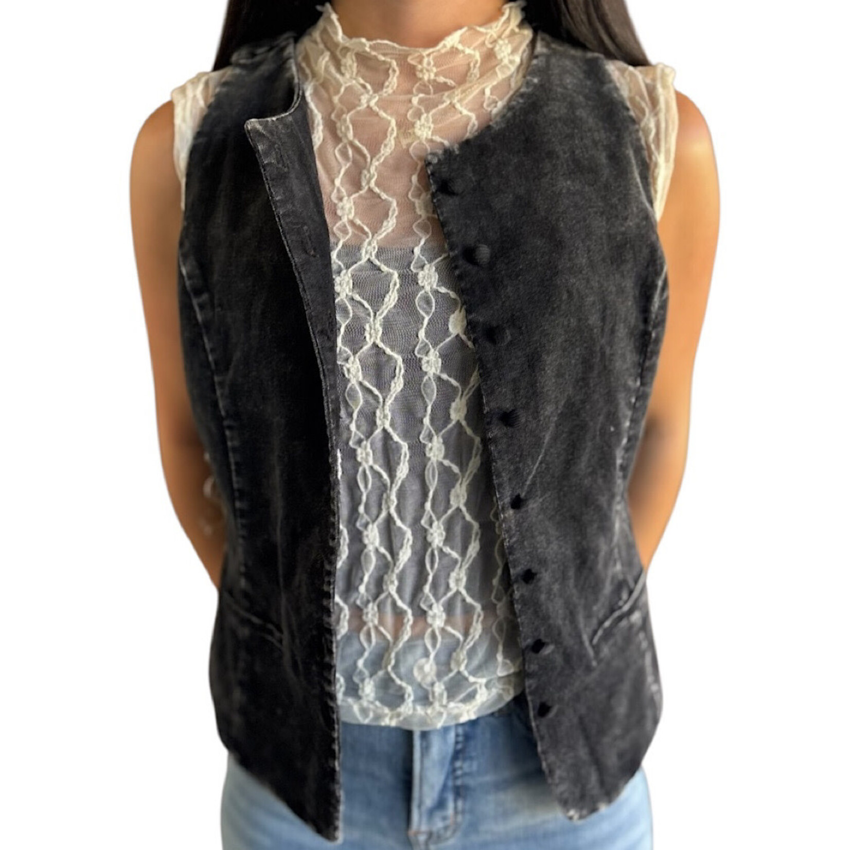 Black Mineral Washed Sleek Buttoned Vest