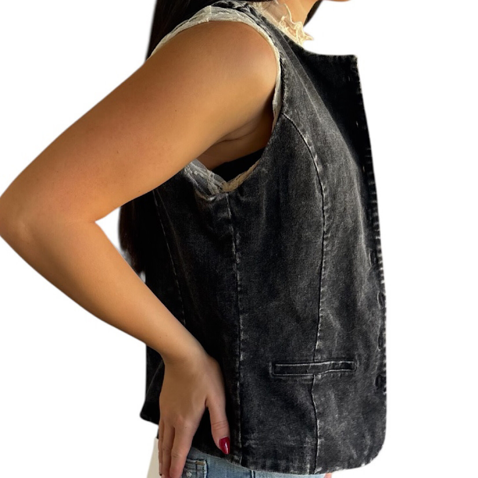 Black Mineral Washed Sleek Buttoned Vest